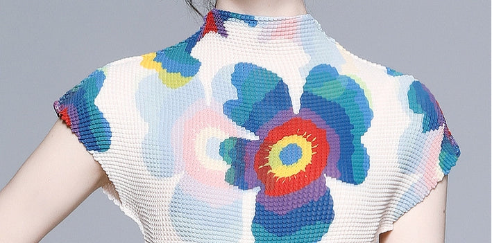 Floral Blossom Miyaki Fold Blouse Pleated Skirt Two Piece Chiffon Set - 701567411301_BAS