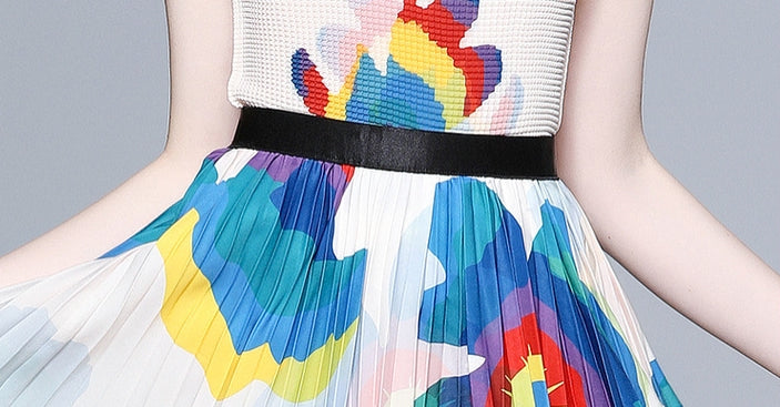 Floral Blossom Miyaki Fold Blouse Pleated Skirt Two Piece Chiffon Set - 701567411301_BAS