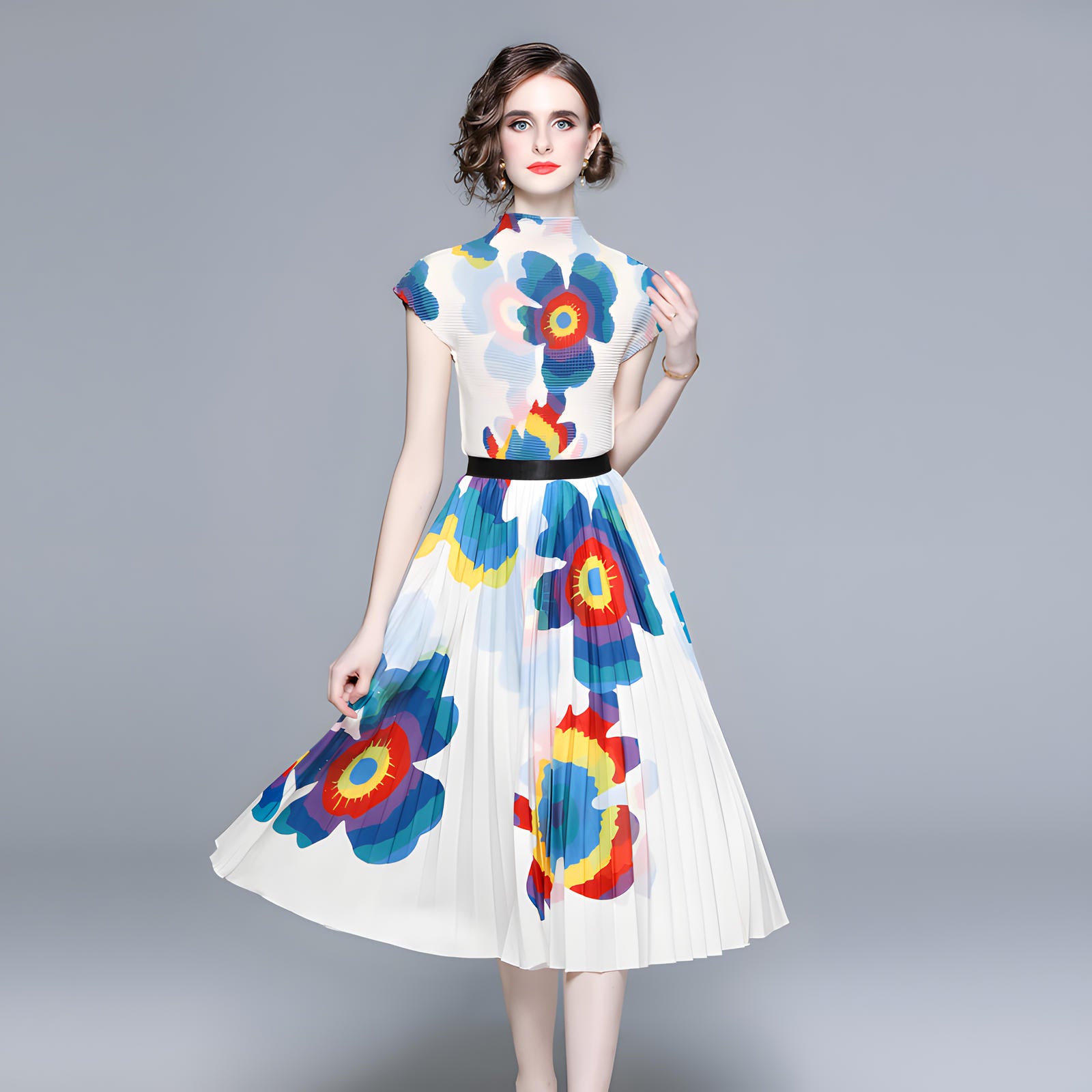 Floral Blossom Miyaki Fold Blouse Pleated Skirt Two Piece Chiffon Set - 701567411301_BAS