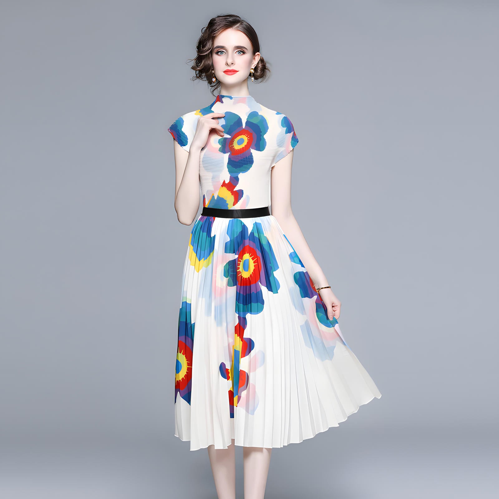 Floral Blossom Miyaki Fold Blouse Pleated Skirt Two Piece Chiffon Set - 701567411301_BAS