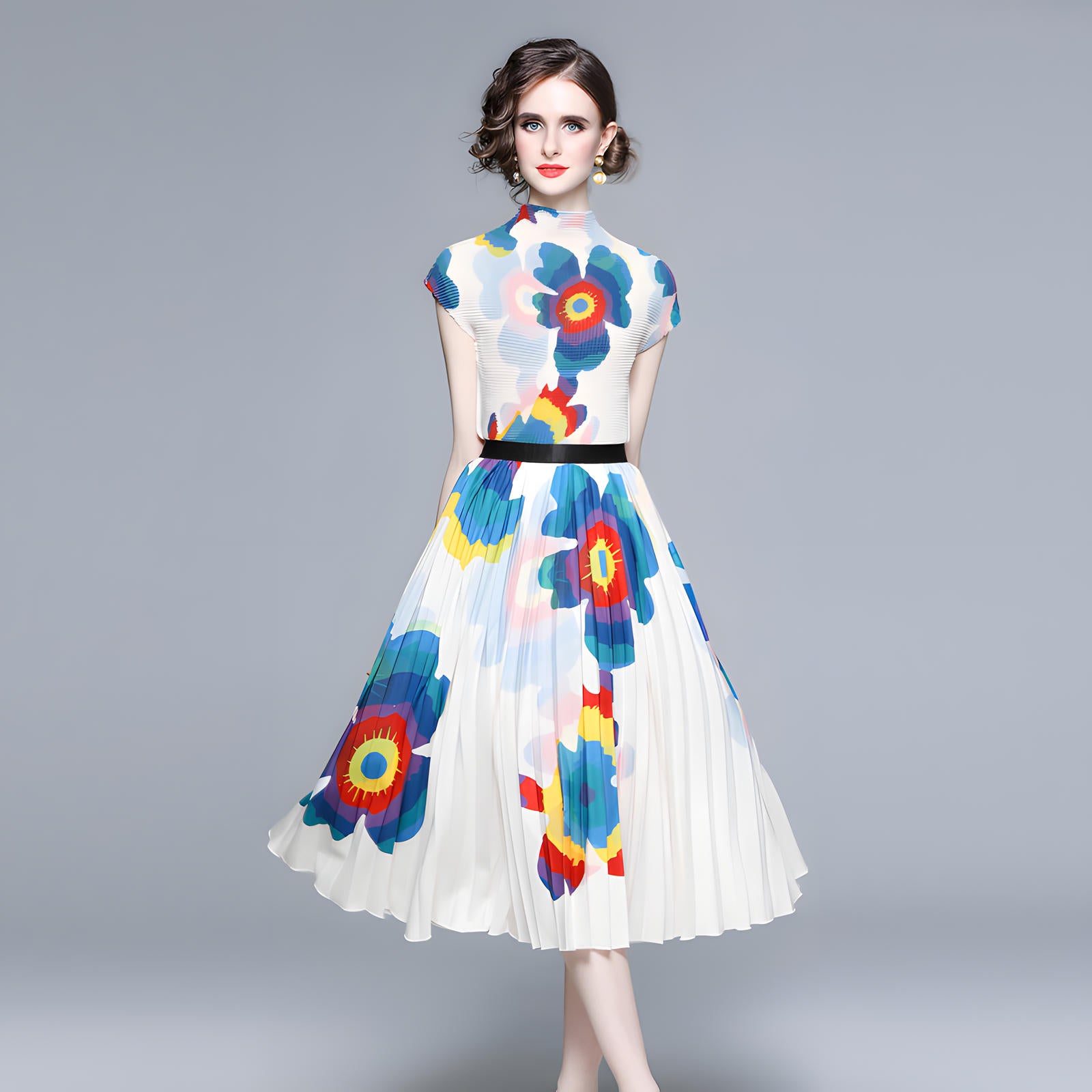 Floral Blossom Miyaki Fold Blouse Pleated Skirt Two Piece Chiffon Set - 701567411301_BAS