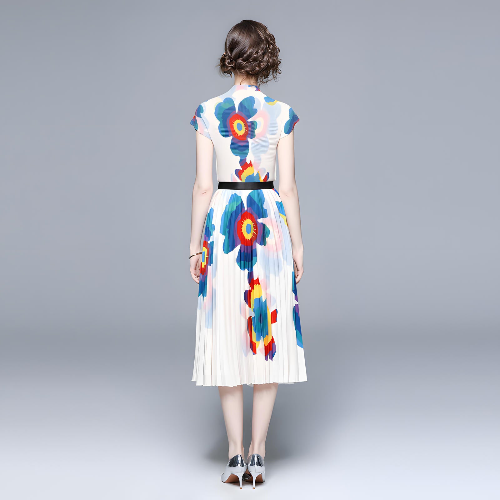 Floral Blossom Miyaki Fold Blouse Pleated Skirt Two Piece Chiffon Set - 701567411301_BAS