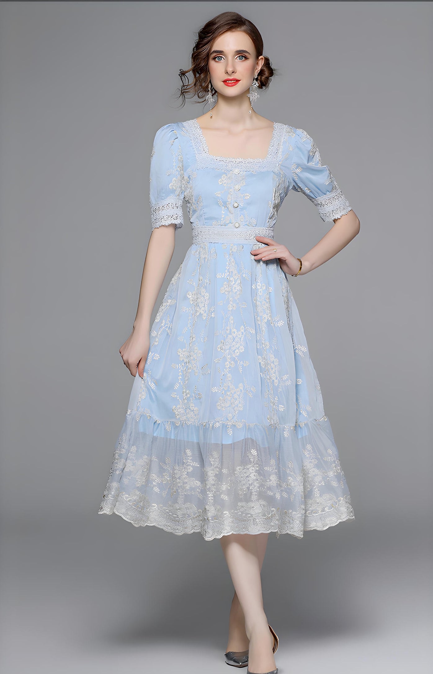Flower Embroidered Mesh With Lace Detailing Light Blue Dress - 705891252243_BAS