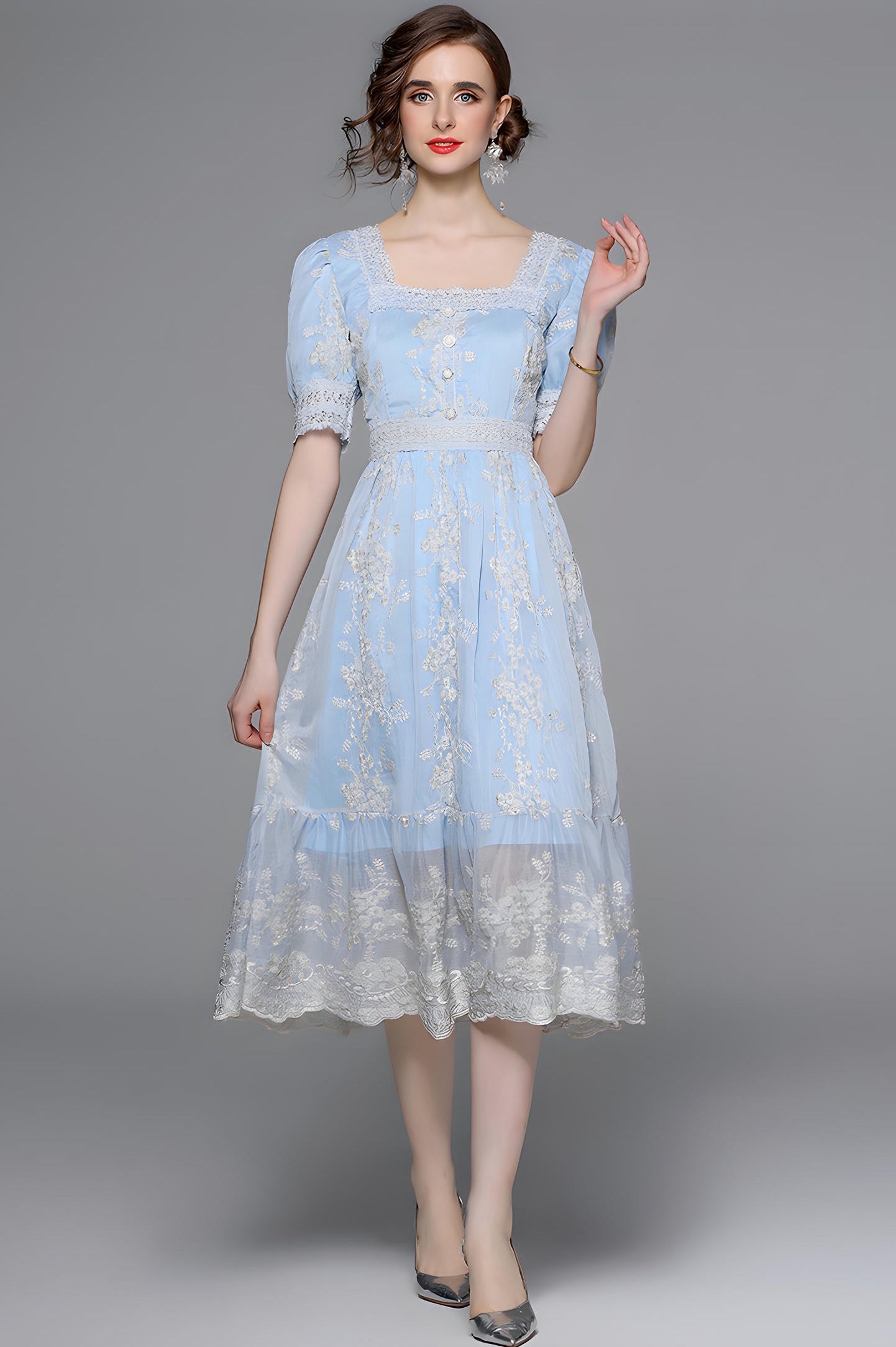 Flower Embroidered Mesh With Lace Detailing Light Blue Dress - 705891252243_BAS