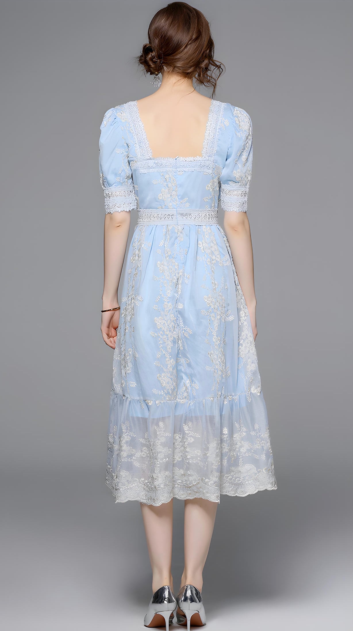 Flower Embroidered Mesh With Lace Detailing Light Blue Dress - 705891252243_BAS