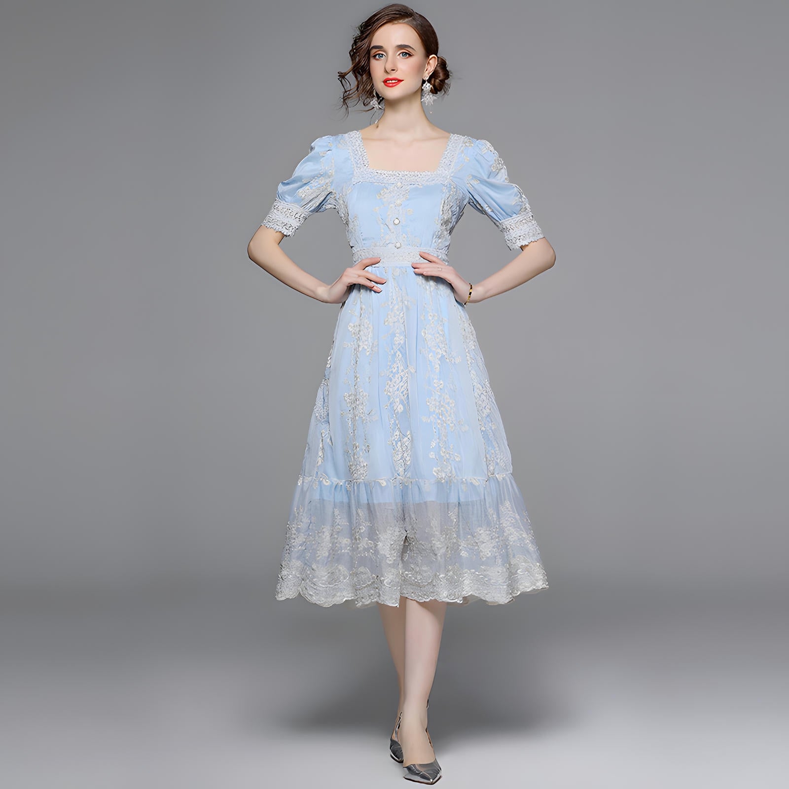 Flower Embroidered Mesh With Lace Detailing Light Blue Dress - 705891252243_BAS