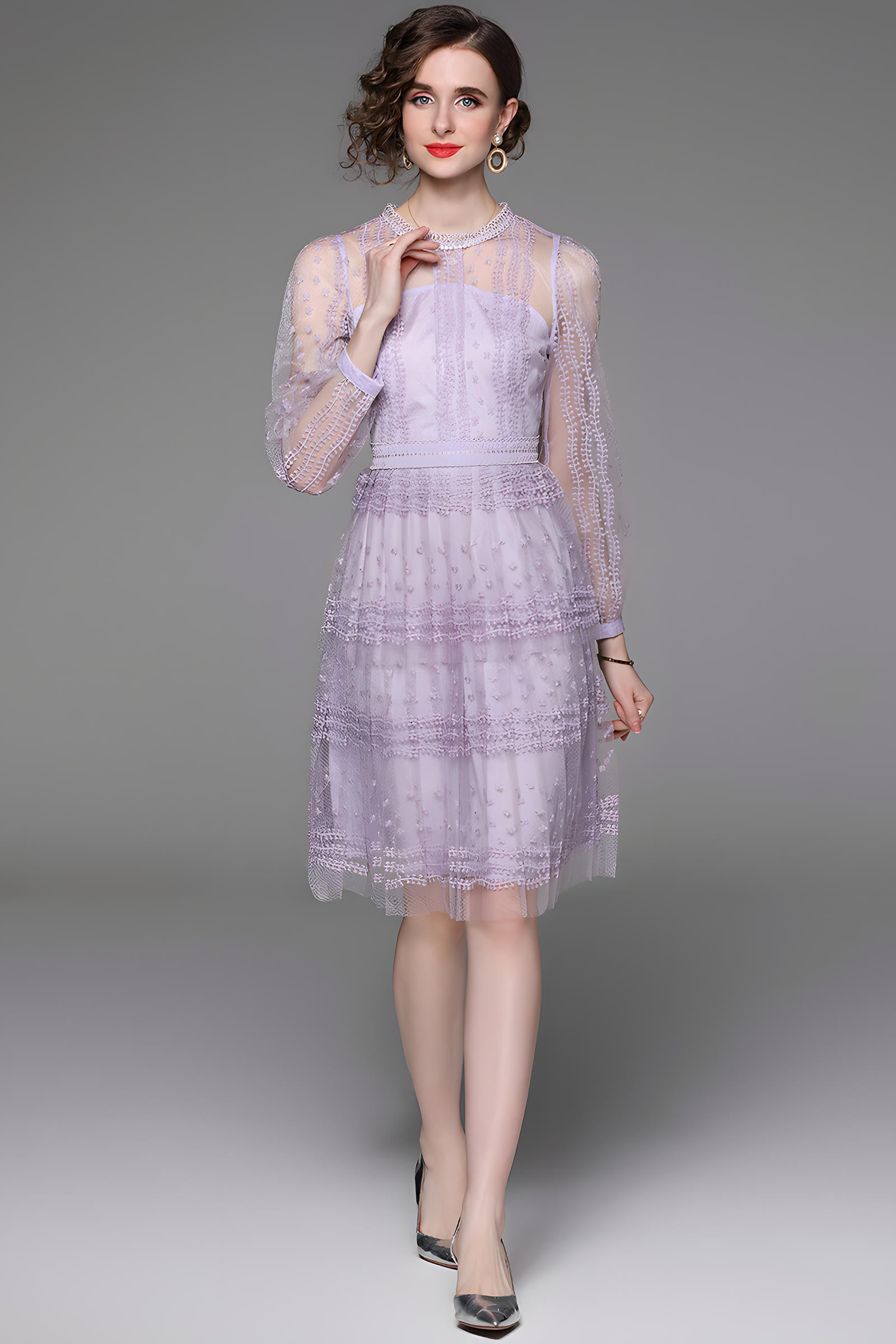 Embroidered Mesh Lavender Dress with Round Neck and Long Sleeves - 706521535301_BAS