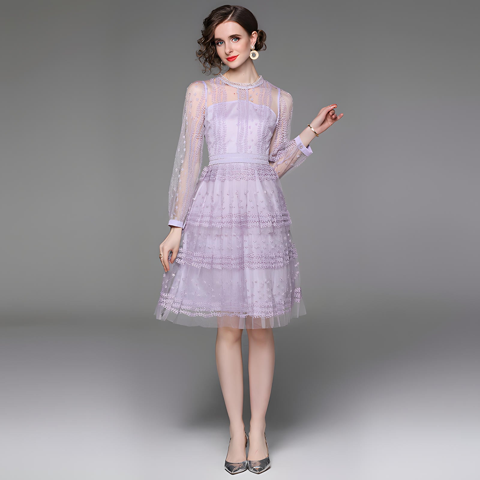 Embroidered Mesh Lavender Dress with Round Neck and Long Sleeves - 706521535301_BAS