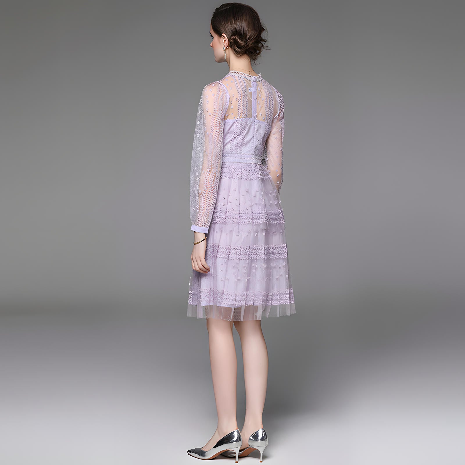 Embroidered Mesh Lavender Dress with Round Neck and Long Sleeves - 706521535301_BAS