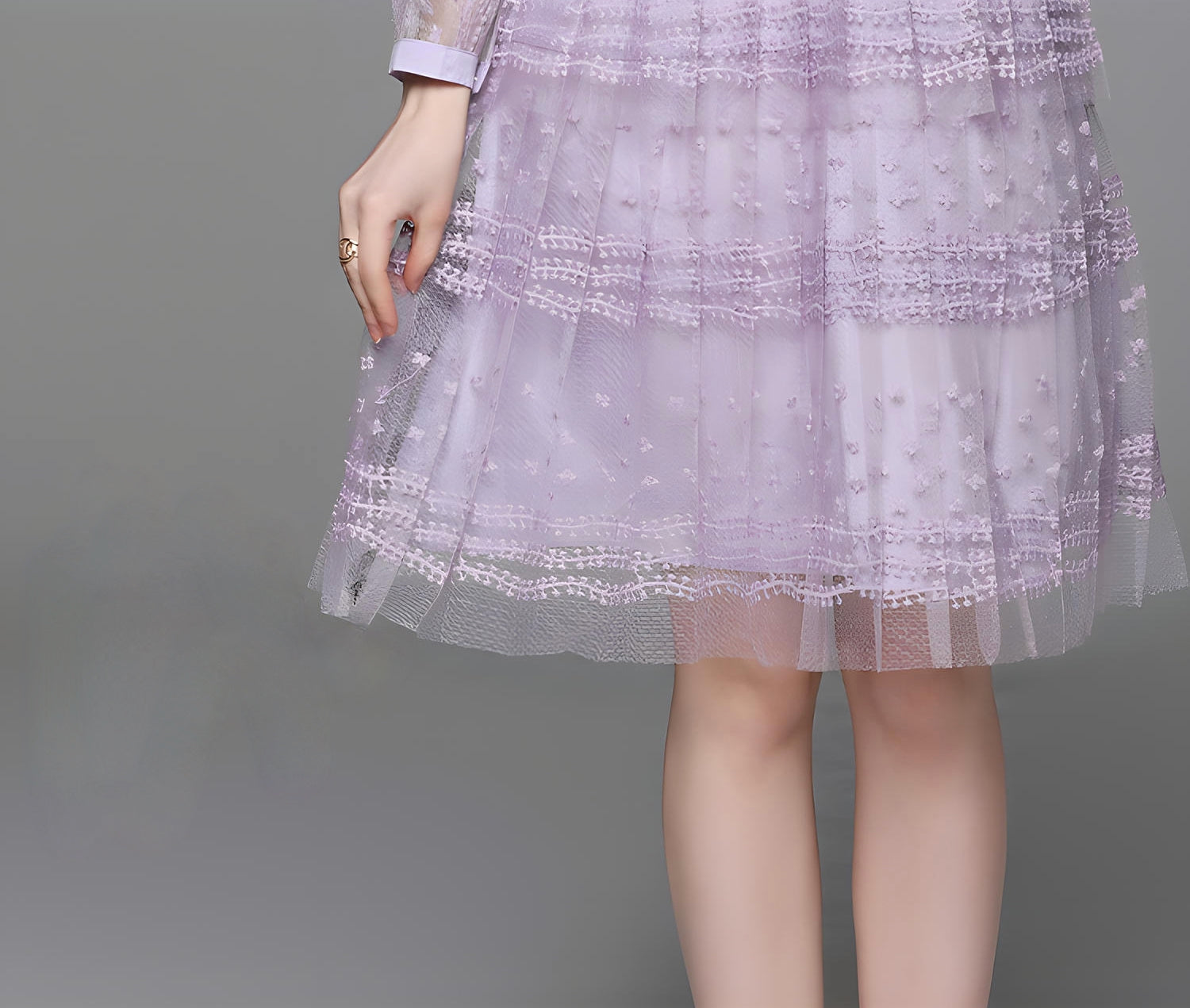 Embroidered Mesh Lavender Dress with Round Neck and Long Sleeves - 706521535301_BAS