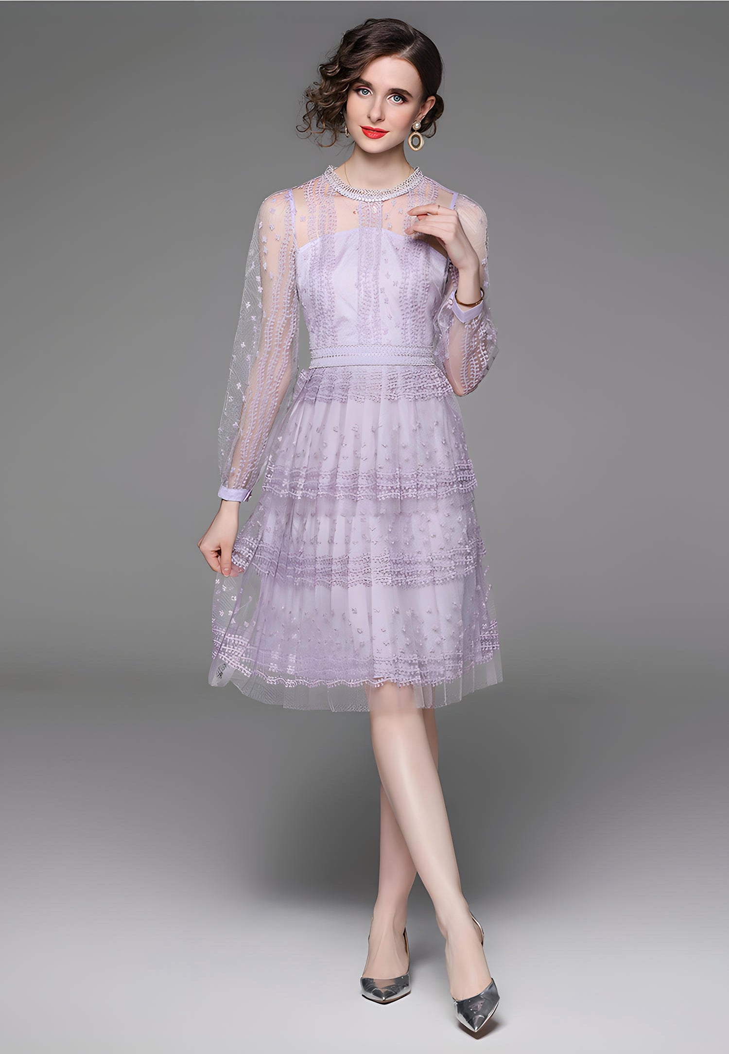 Embroidered Mesh Lavender Dress with Round Neck and Long Sleeves - 706521535301_BAS