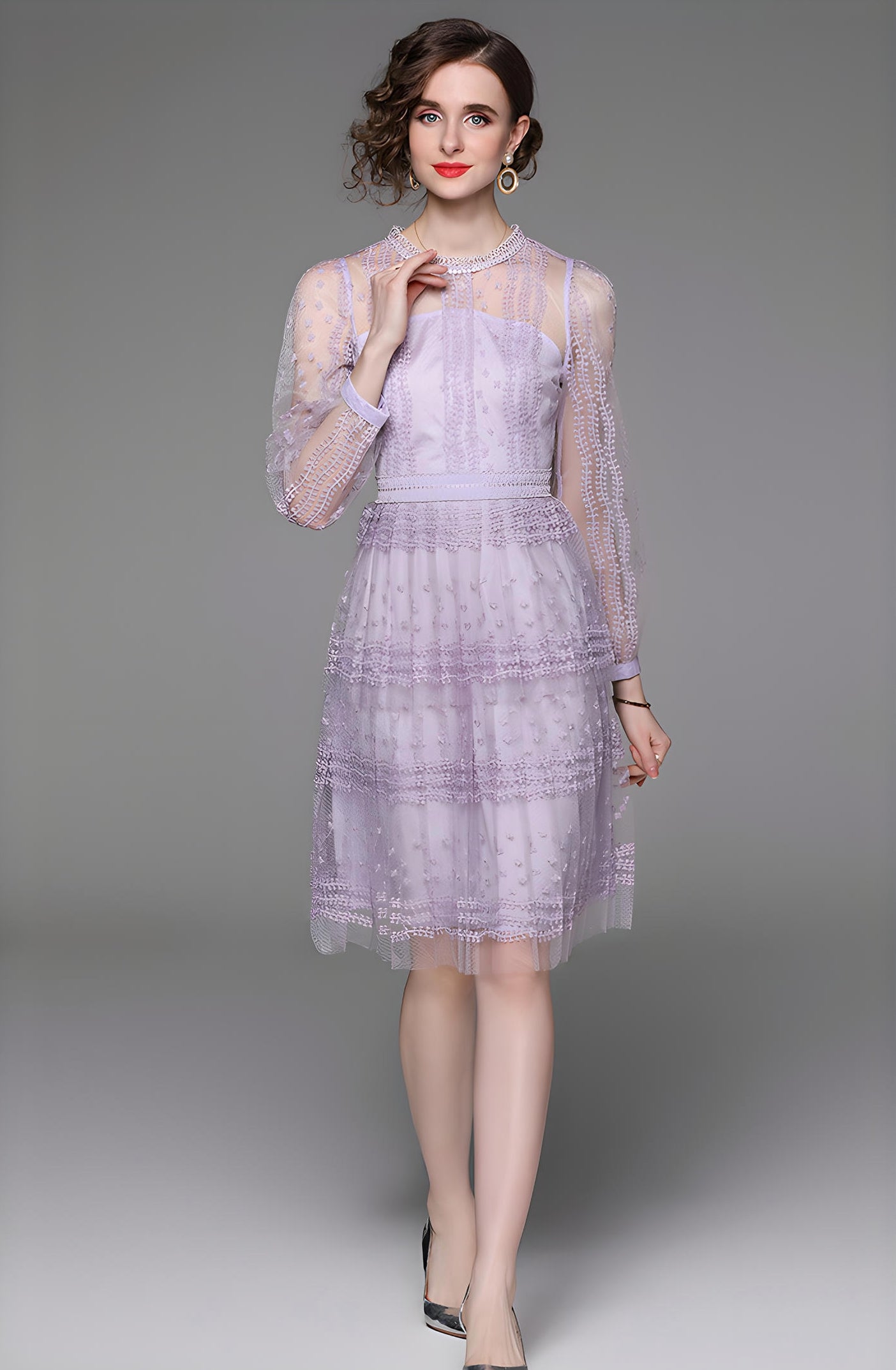 Embroidered Mesh Lavender Dress with Round Neck and Long Sleeves - 706521535301_BAS