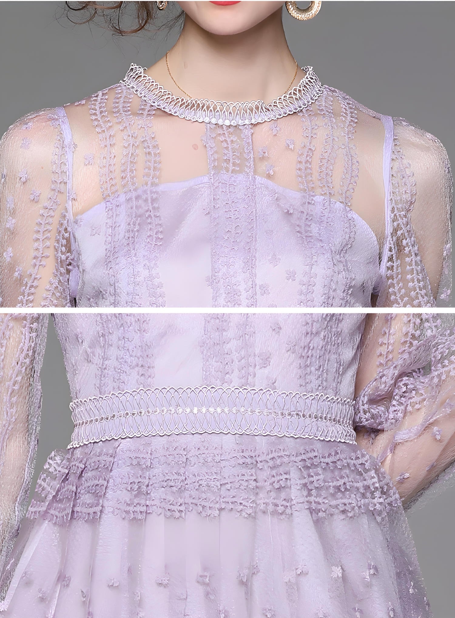 Embroidered Mesh Lavender Dress with Round Neck and Long Sleeves - 706521535301_BAS