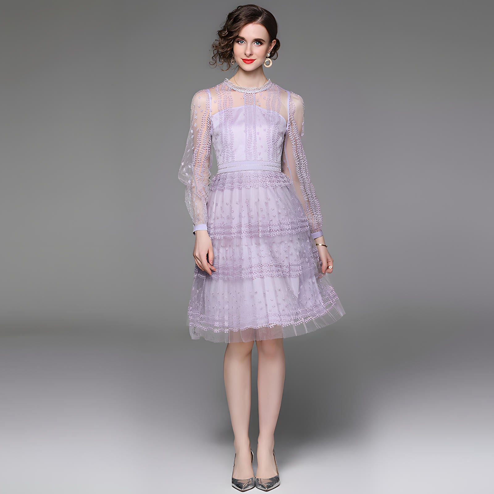 Embroidered Mesh Lavender Dress with Round Neck and Long Sleeves - 706521535301_BAS