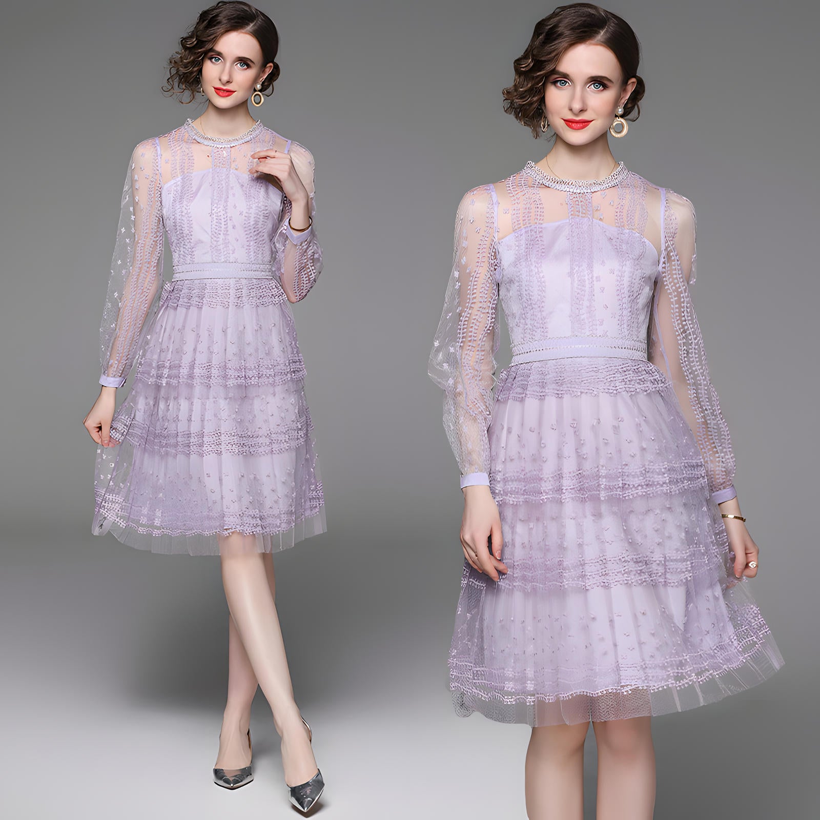 Embroidered Mesh Lavender Dress with Round Neck and Long Sleeves - 706521535301_BAS