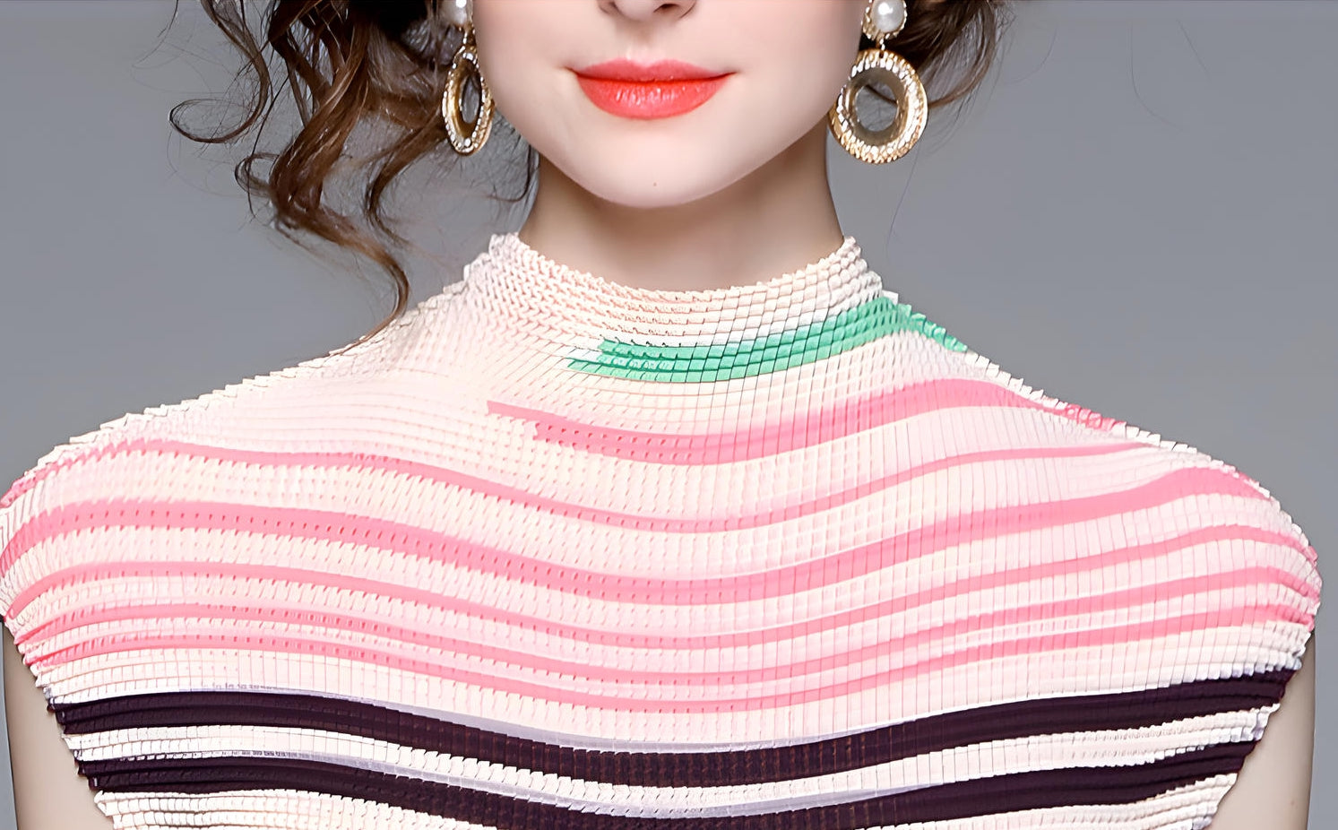 Striped Miyaki Fold Blouse Pleated Skirt Two Piece Chiffon Set - 706656806678_BAS