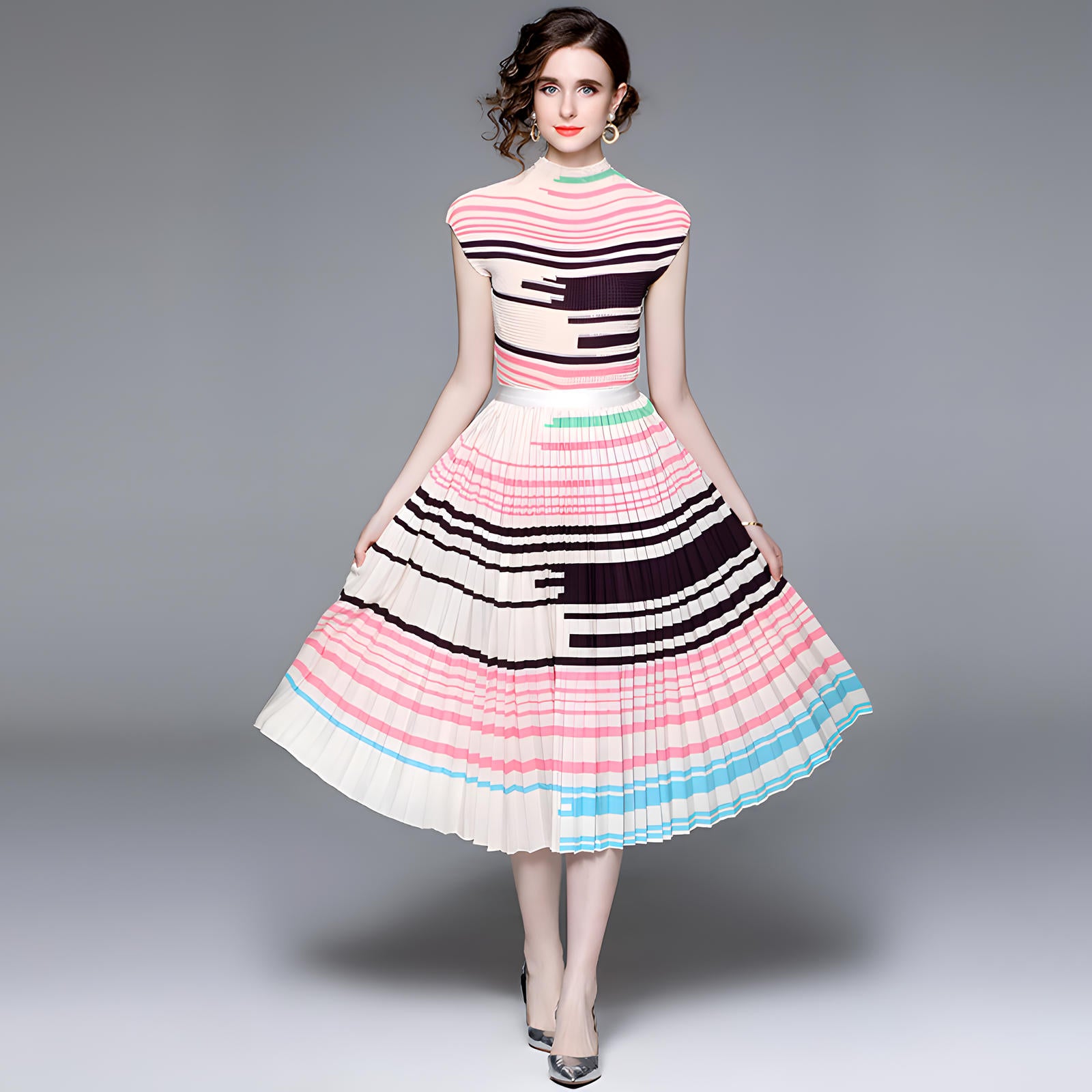 Striped Miyaki Fold Blouse Pleated Skirt Two Piece Chiffon Set - 706656806678_BAS