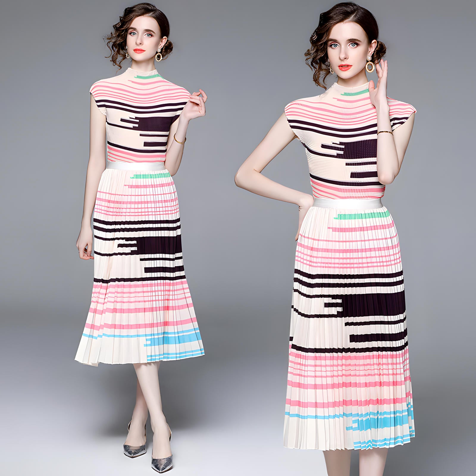 Striped Miyaki Fold Blouse Pleated Skirt Two Piece Chiffon Set - 706656806678_BAS