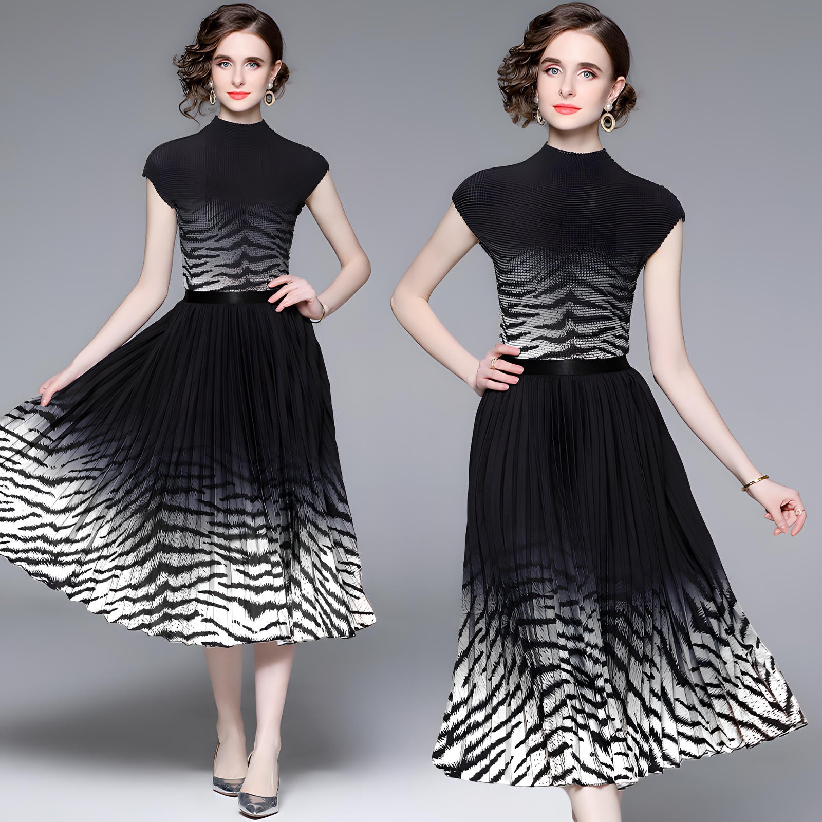 Zebra Chic Miyaki Fold Blouse Pleated Skirt Two Piece Chiffon Set - 706880667686_APR