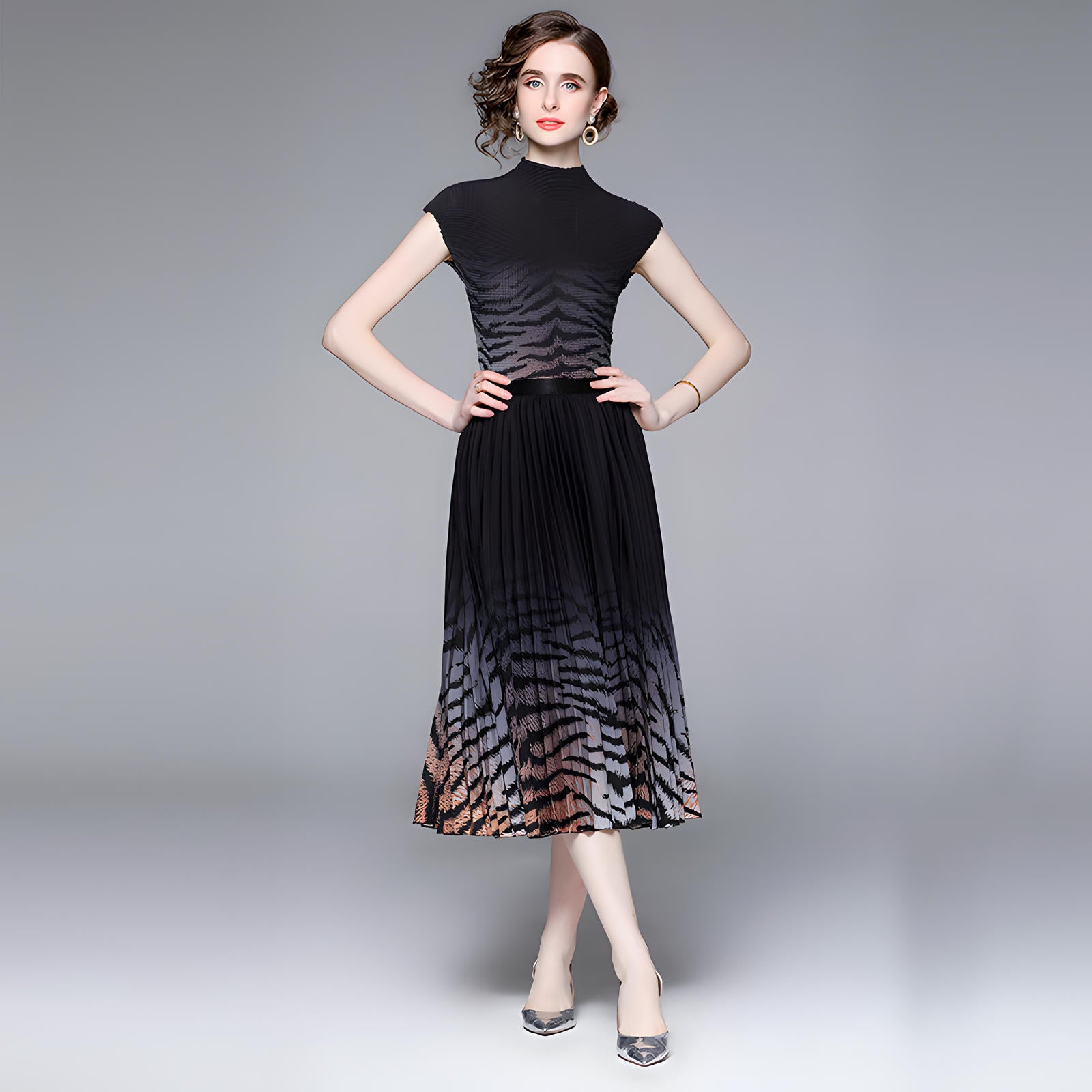 Zebra Chic Miyaki Fold Blouse Pleated Skirt Two Piece Chiffon Set - 06880667686_ORA