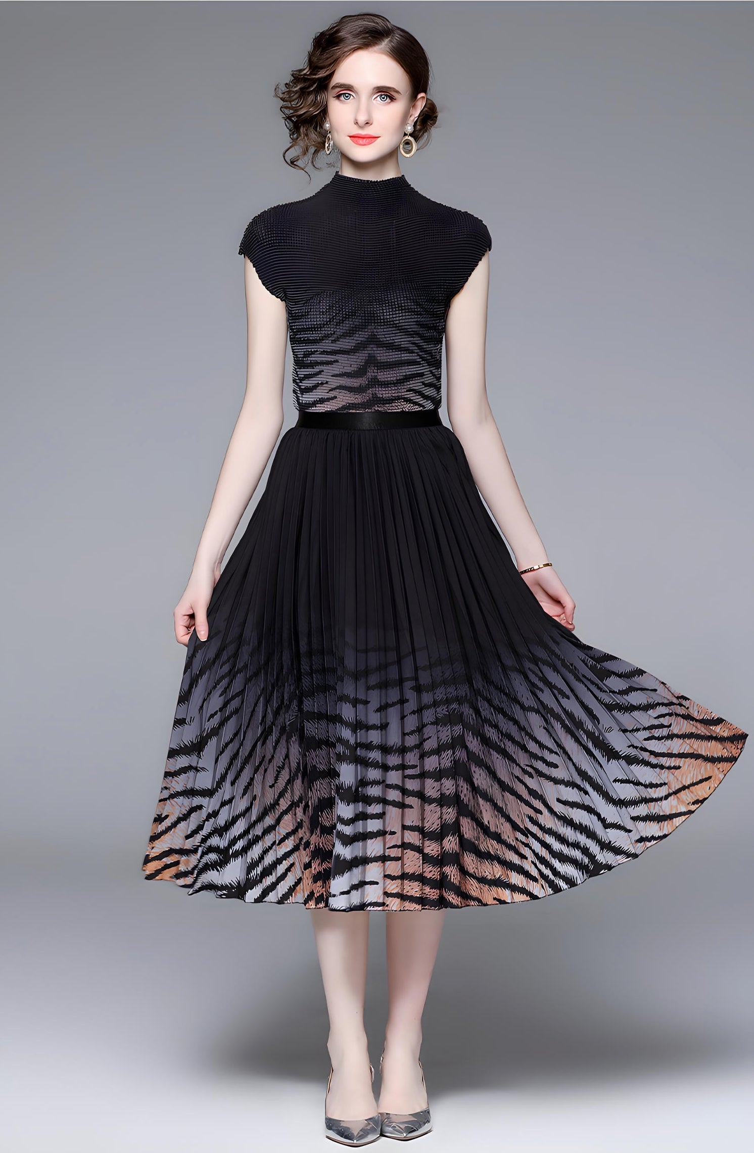 Zebra Chic Miyaki Fold Blouse Pleated Skirt Two Piece Chiffon Set - 06880667686_ORA