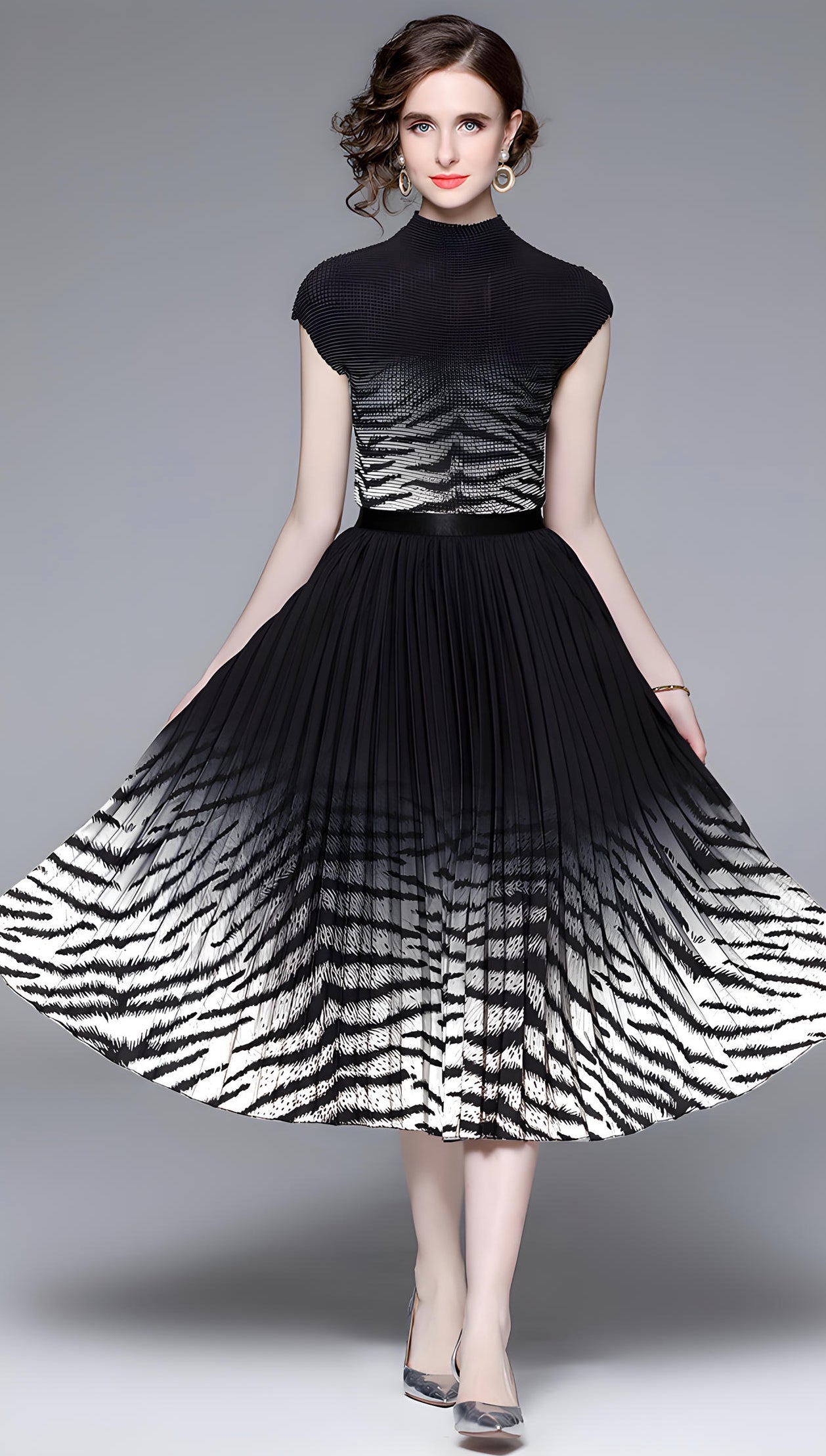 Zebra Chic Miyaki Fold Blouse Pleated Skirt Two Piece Chiffon Set - 706880667686_APR