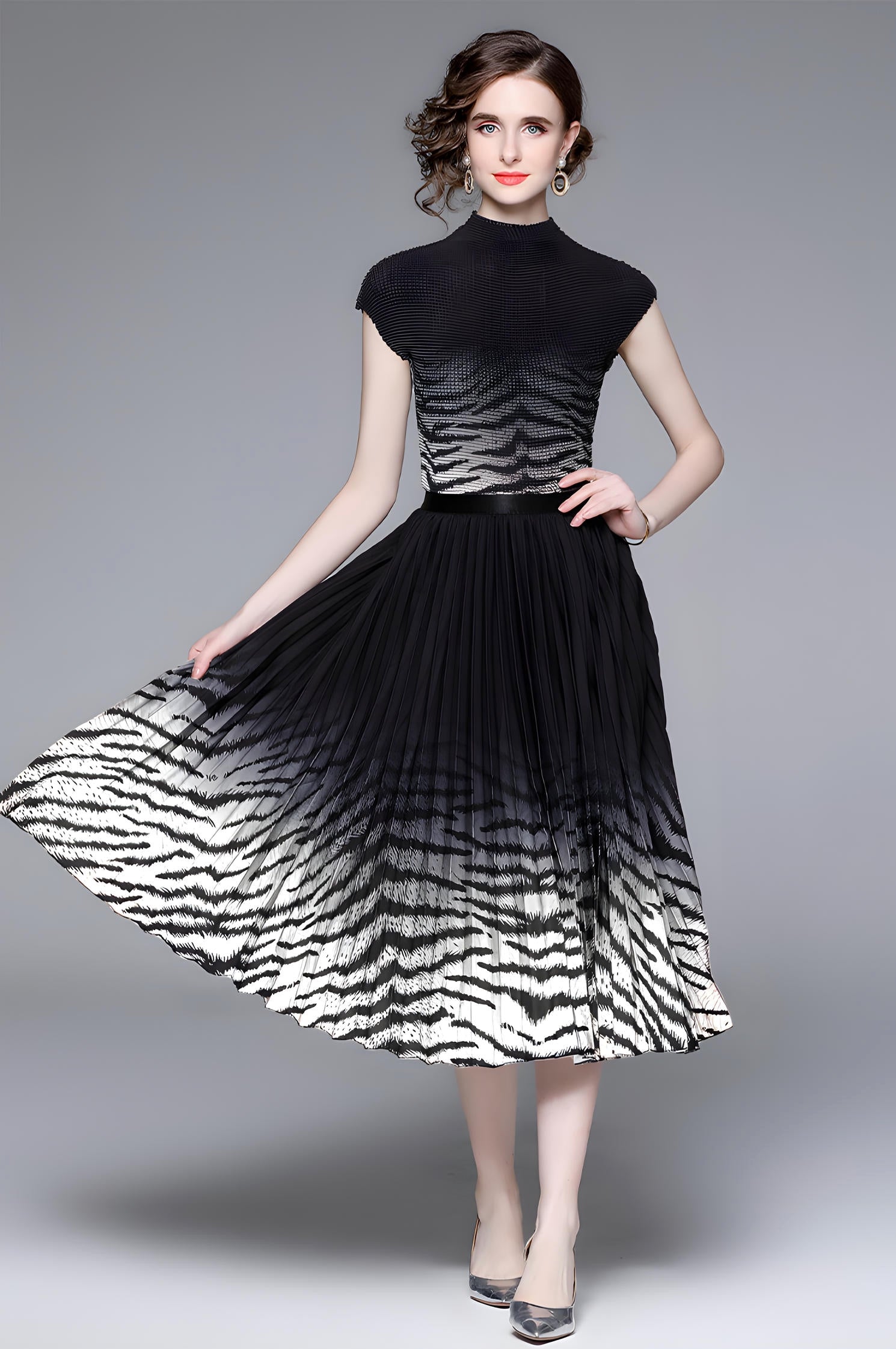 Zebra Chic Miyaki Fold Blouse Pleated Skirt Two Piece Chiffon Set - 706880667686_APR