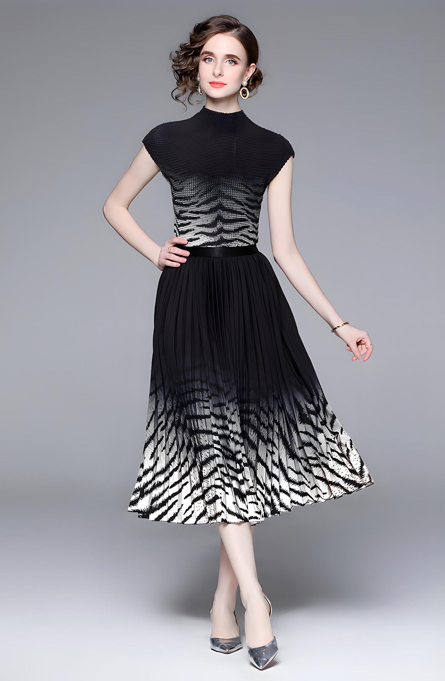 Zebra Chic Miyaki Fold Blouse Pleated Skirt Two Piece Chiffon Set - 706880667686_APR