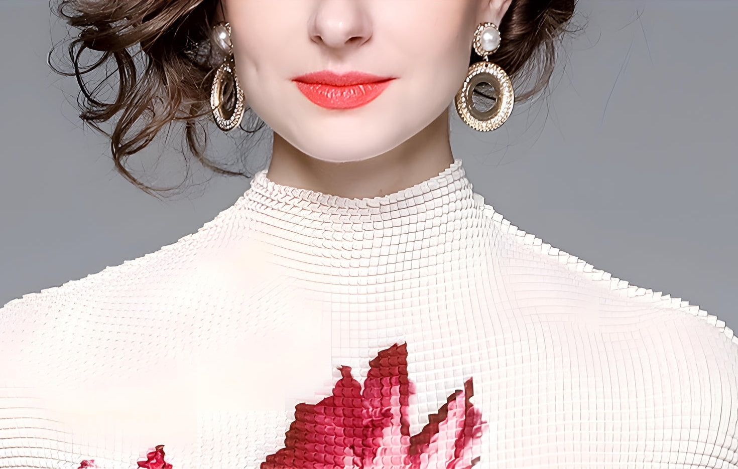 Floral Fusion Miyaki Fold Blouse Pleated Skirt Two Piece Chiffon Set - 707706878798_RED