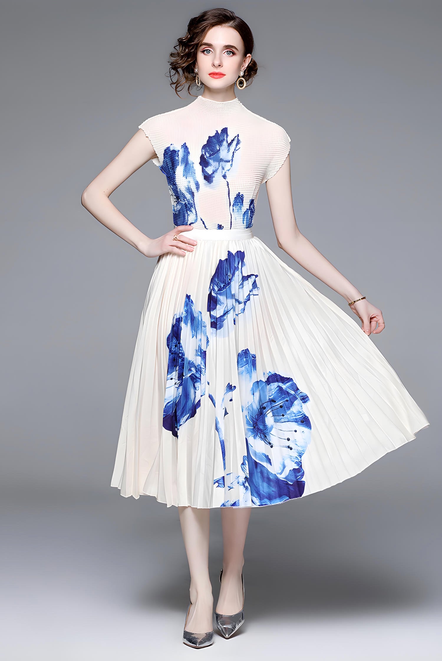 Floral Fusion Miyaki Fold Blouse Pleated Skirt Two Piece Chiffon Set - 707706878798_BLU