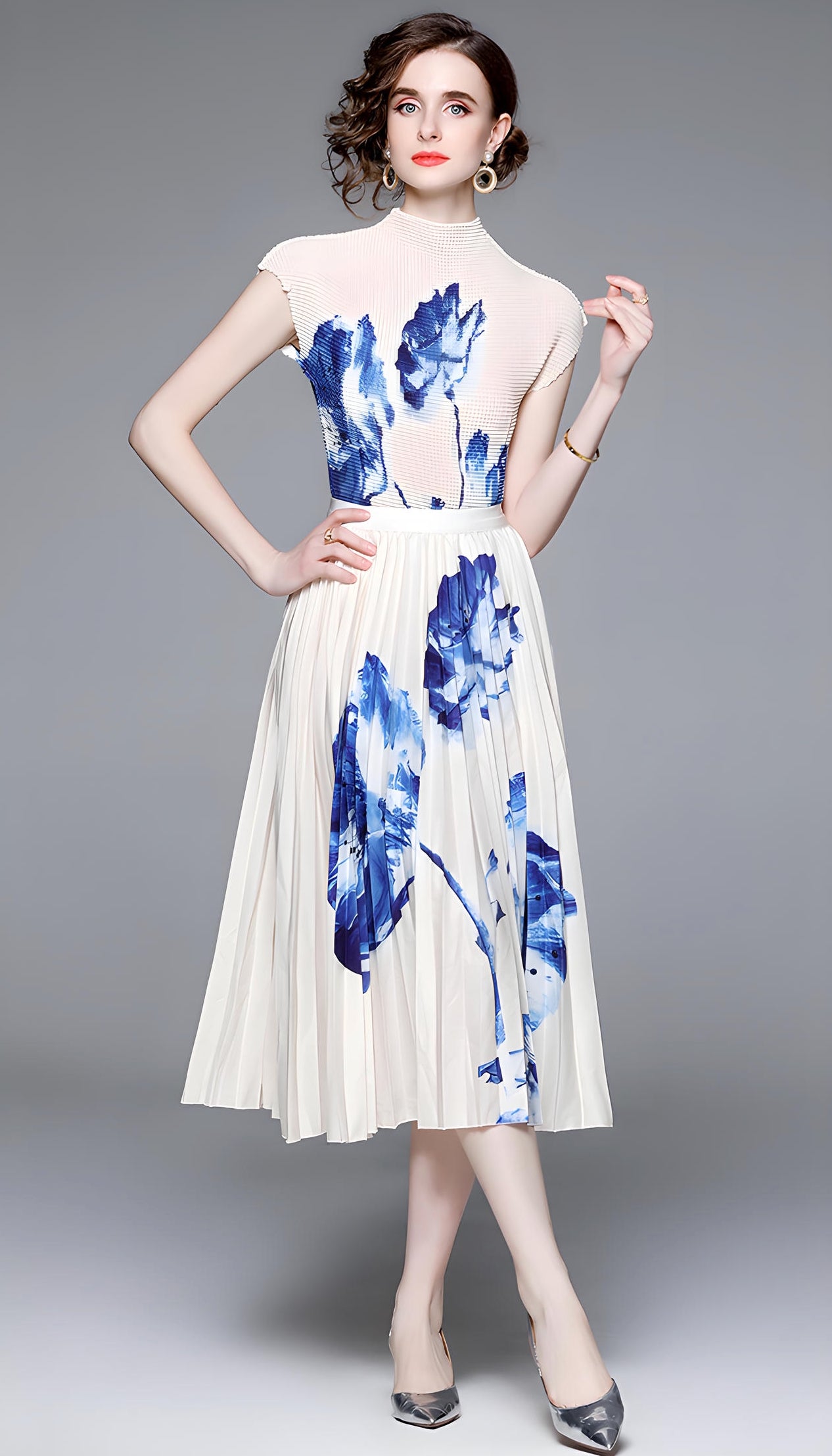 Floral Fusion Miyaki Fold Blouse Pleated Skirt Two Piece Chiffon Set - 707706878798_BLU