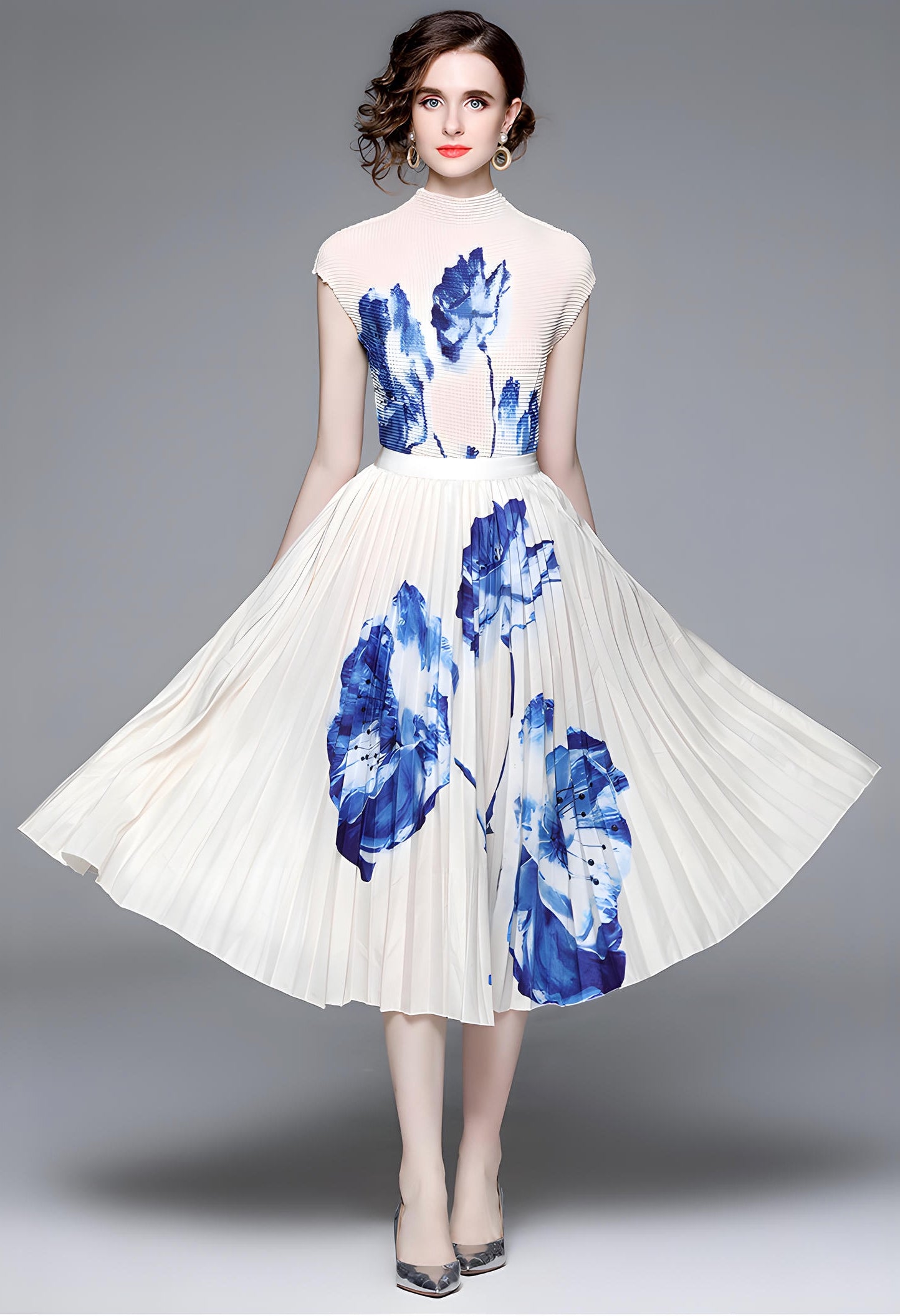 Floral Fusion Miyaki Fold Blouse Pleated Skirt Two Piece Chiffon Set - 707706878798_BLU