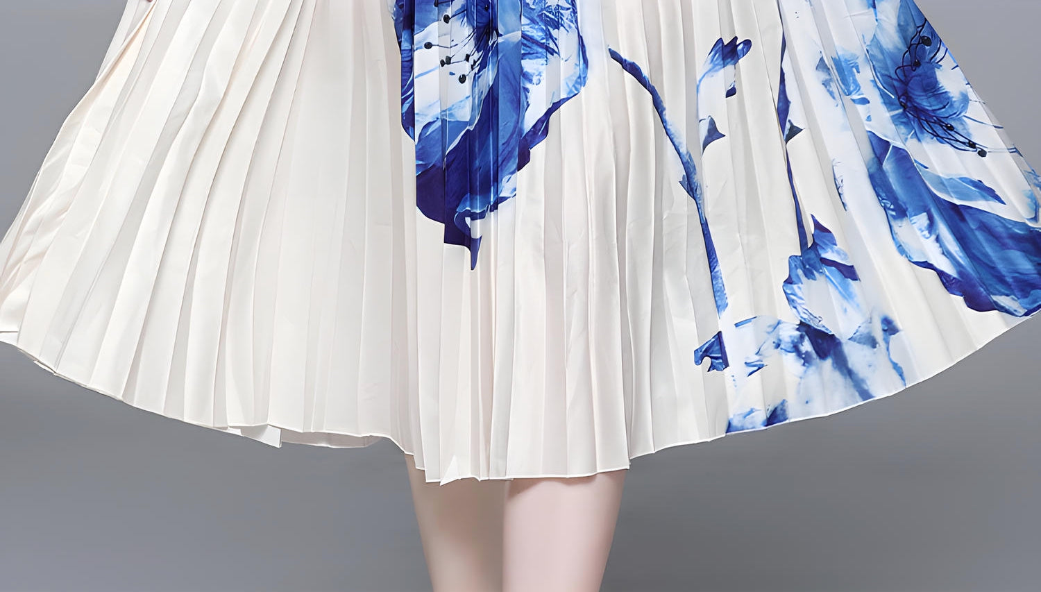 Floral Fusion Miyaki Fold Blouse Pleated Skirt Two Piece Chiffon Set - 707706878798_BLU