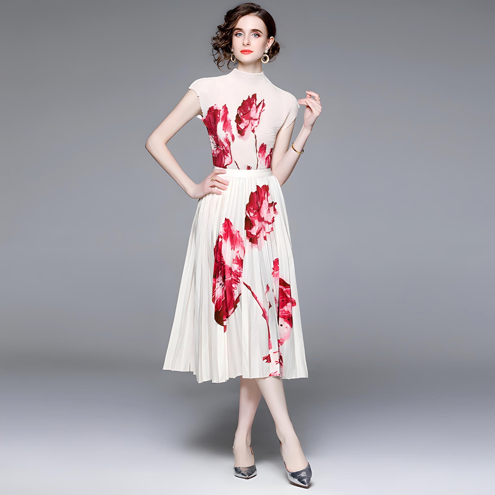 Floral Fusion Miyaki Fold Blouse Pleated Skirt Two Piece Chiffon Set - 707706878798_RED