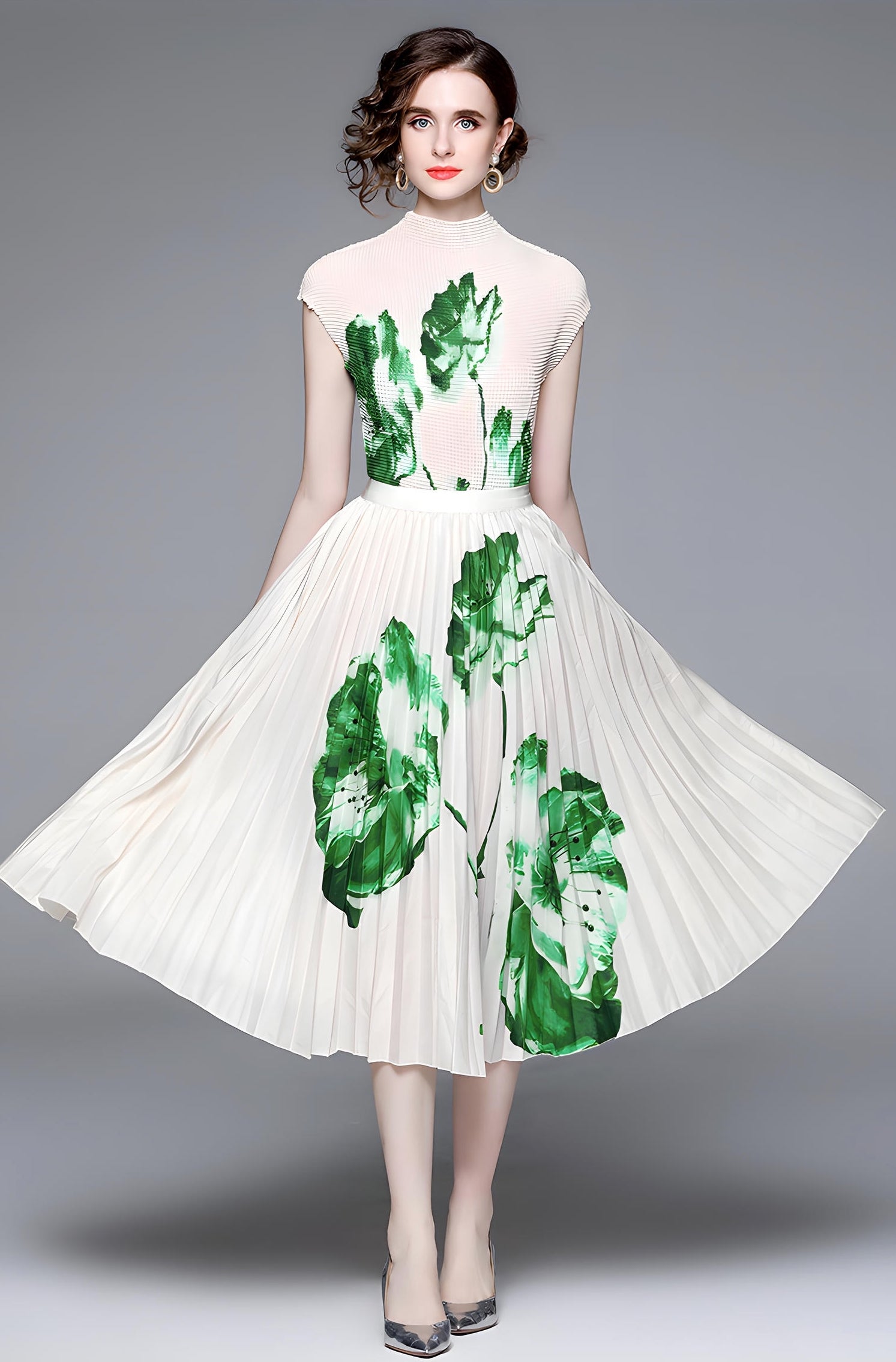 Floral Fusion Miyaki Fold Blouse Pleated Skirt Two Piece Chiffon Set - 707706878798_GRE