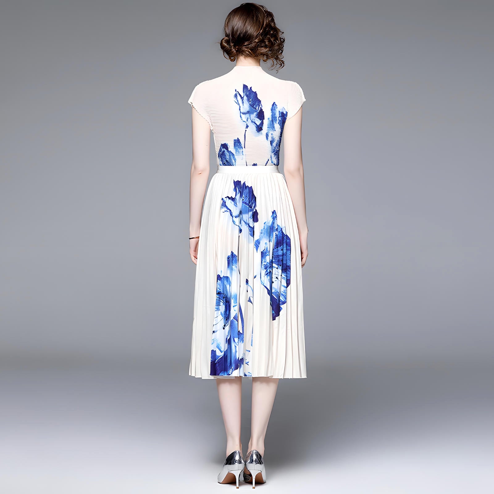 Floral Fusion Miyaki Fold Blouse Pleated Skirt Two Piece Chiffon Set - 707706878798_BLU