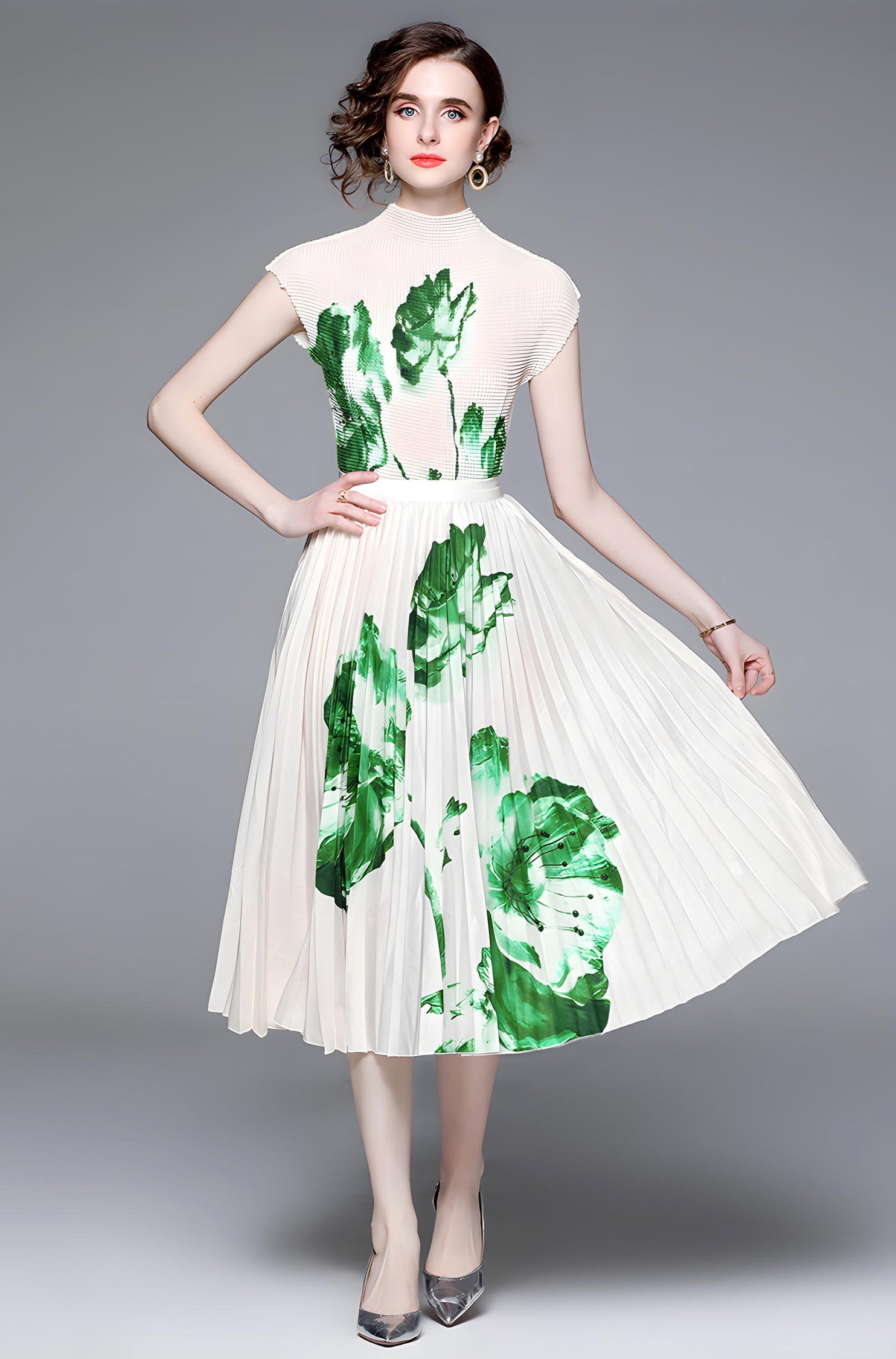 Floral Fusion Miyaki Fold Blouse Pleated Skirt Two Piece Chiffon Set - 707706878798_GRE