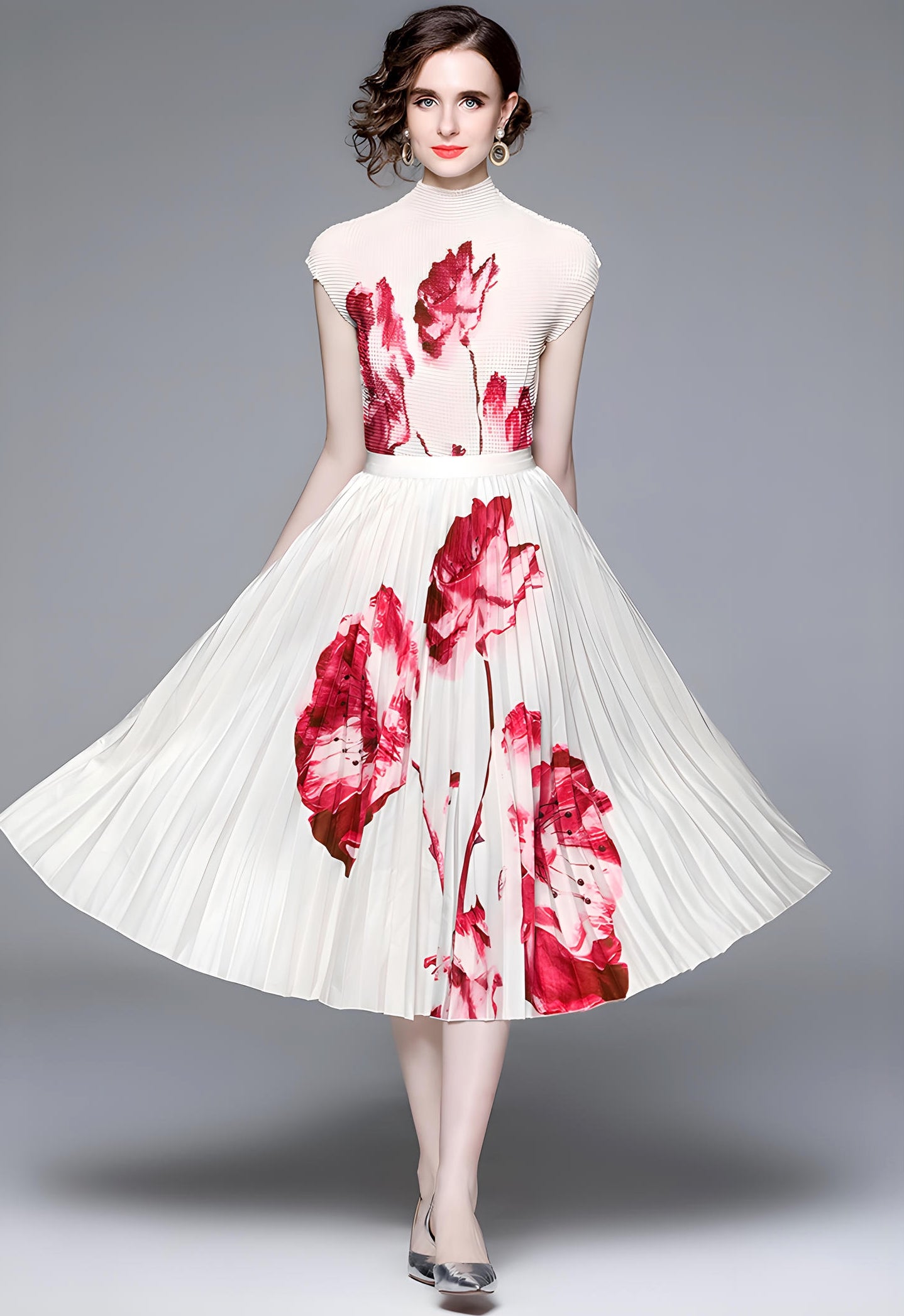 Floral Fusion Miyaki Fold Blouse Pleated Skirt Two Piece Chiffon Set - 707706878798_RED