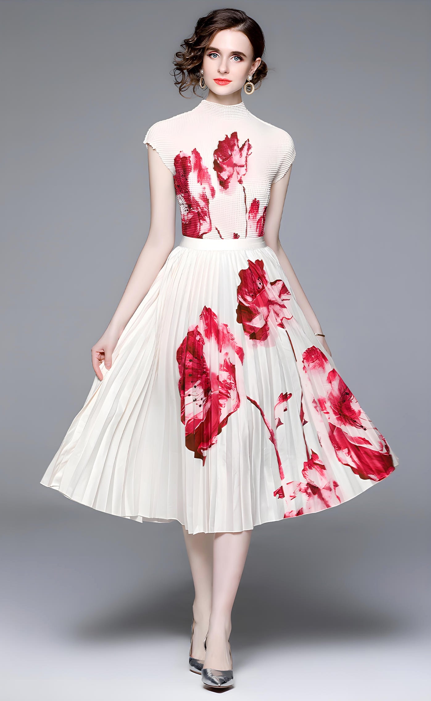 Floral Fusion Miyaki Fold Blouse Pleated Skirt Two Piece Chiffon Set - 707706878798_RED