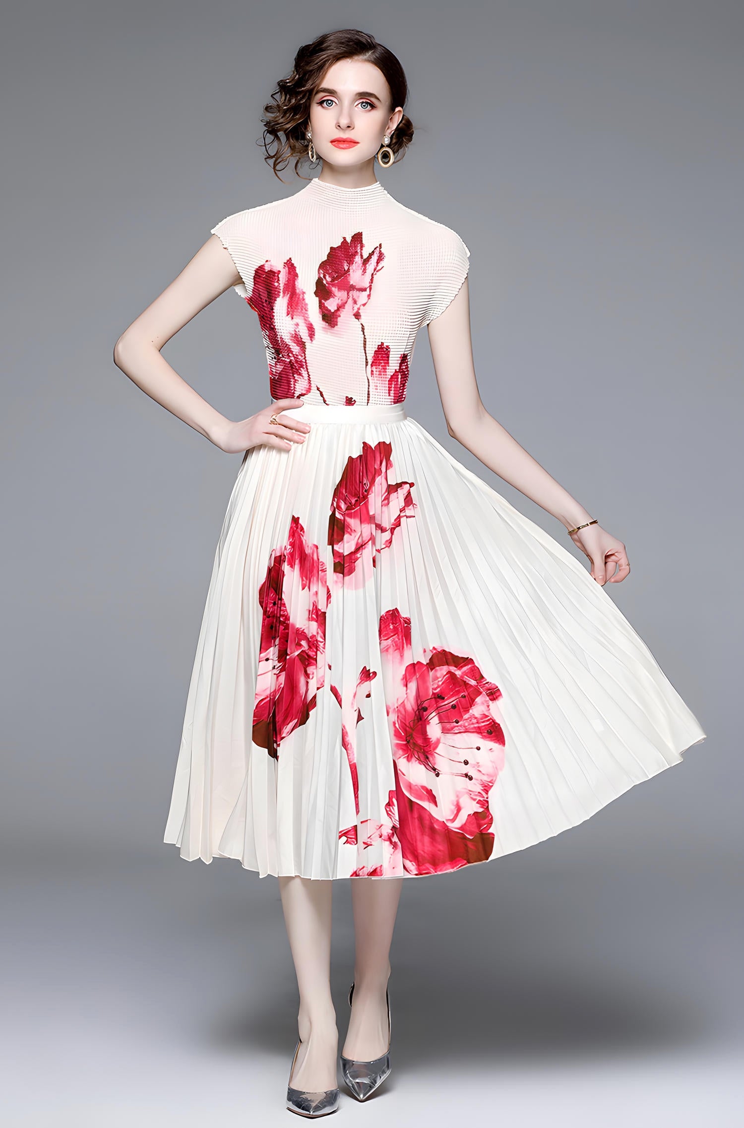 Floral Fusion Miyaki Fold Blouse Pleated Skirt Two Piece Chiffon Set - 707706878798_RED