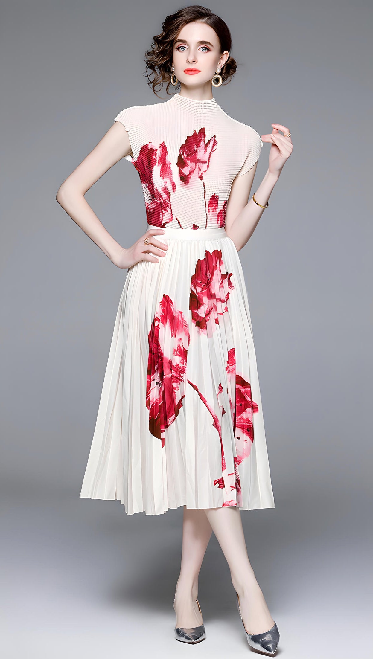 Floral Fusion Miyaki Fold Blouse Pleated Skirt Two Piece Chiffon Set - 707706878798_RED