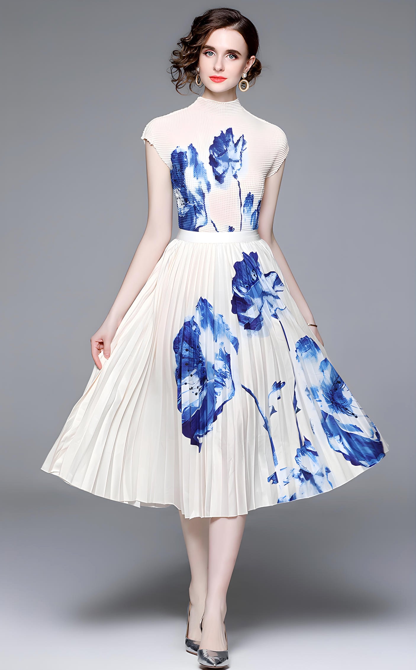 Floral Fusion Miyaki Fold Blouse Pleated Skirt Two Piece Chiffon Set - 707706878798_BLU