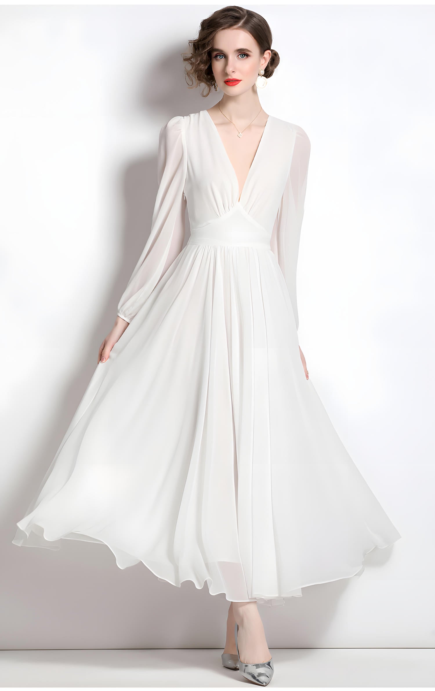 Bishop Sleeve V-Neck Chiffon White Dress with Waist Yoke	- 707772753143_BAS (EOSS)