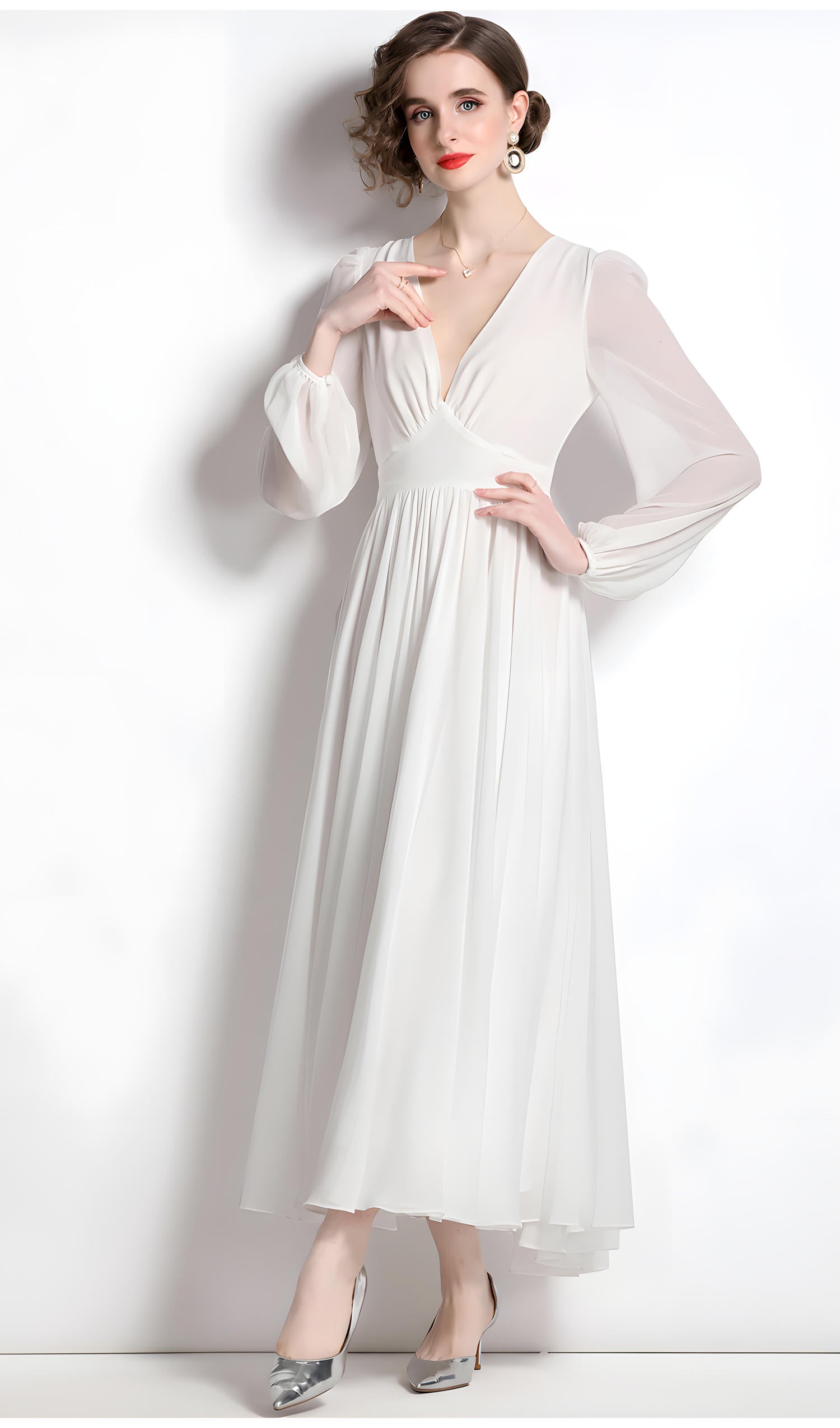 Bishop Sleeve V-Neck Chiffon White Dress with Waist Yoke	- 707772753143_BAS (EOSS)