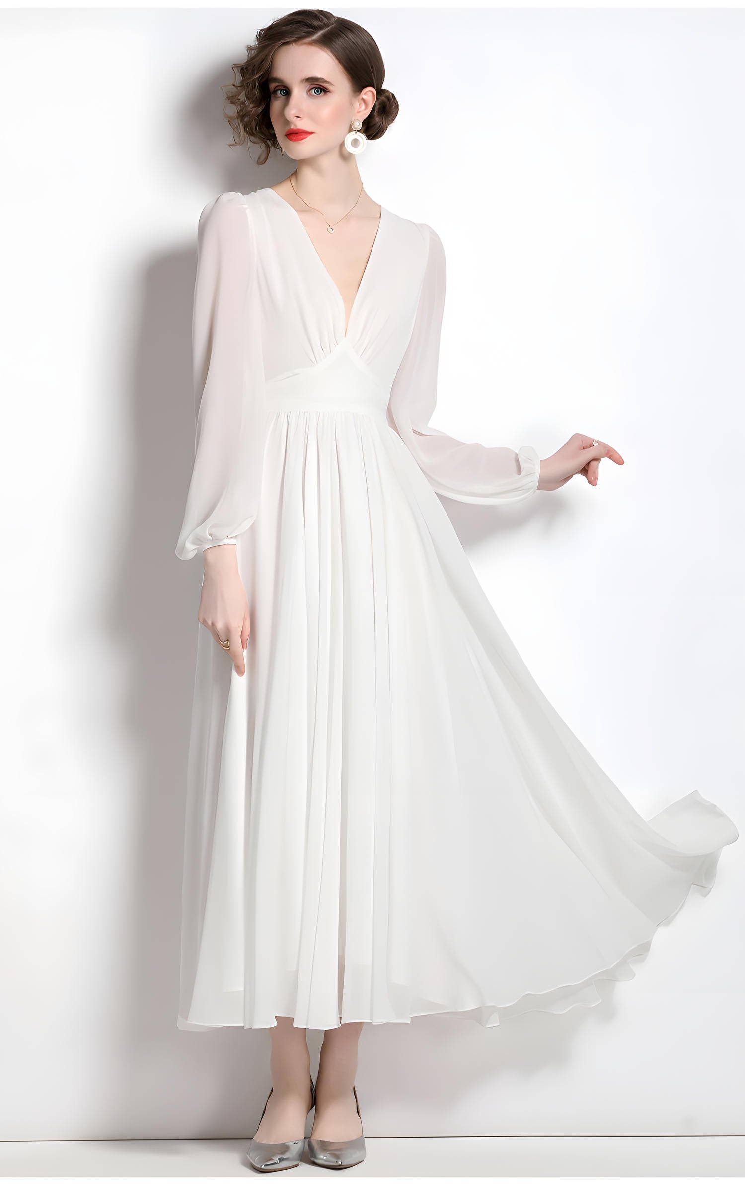 Bishop Sleeve V-Neck Chiffon White Dress with Waist Yoke	- 707772753143_BAS (EOSS)