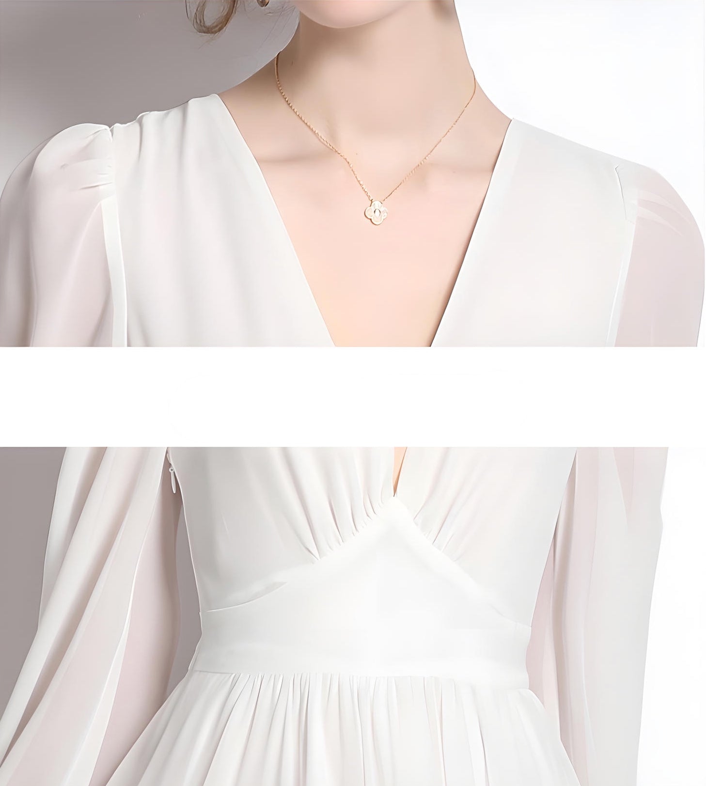 Bishop Sleeve V-Neck Chiffon White Dress with Waist Yoke	- 707772753143_BAS (EOSS)