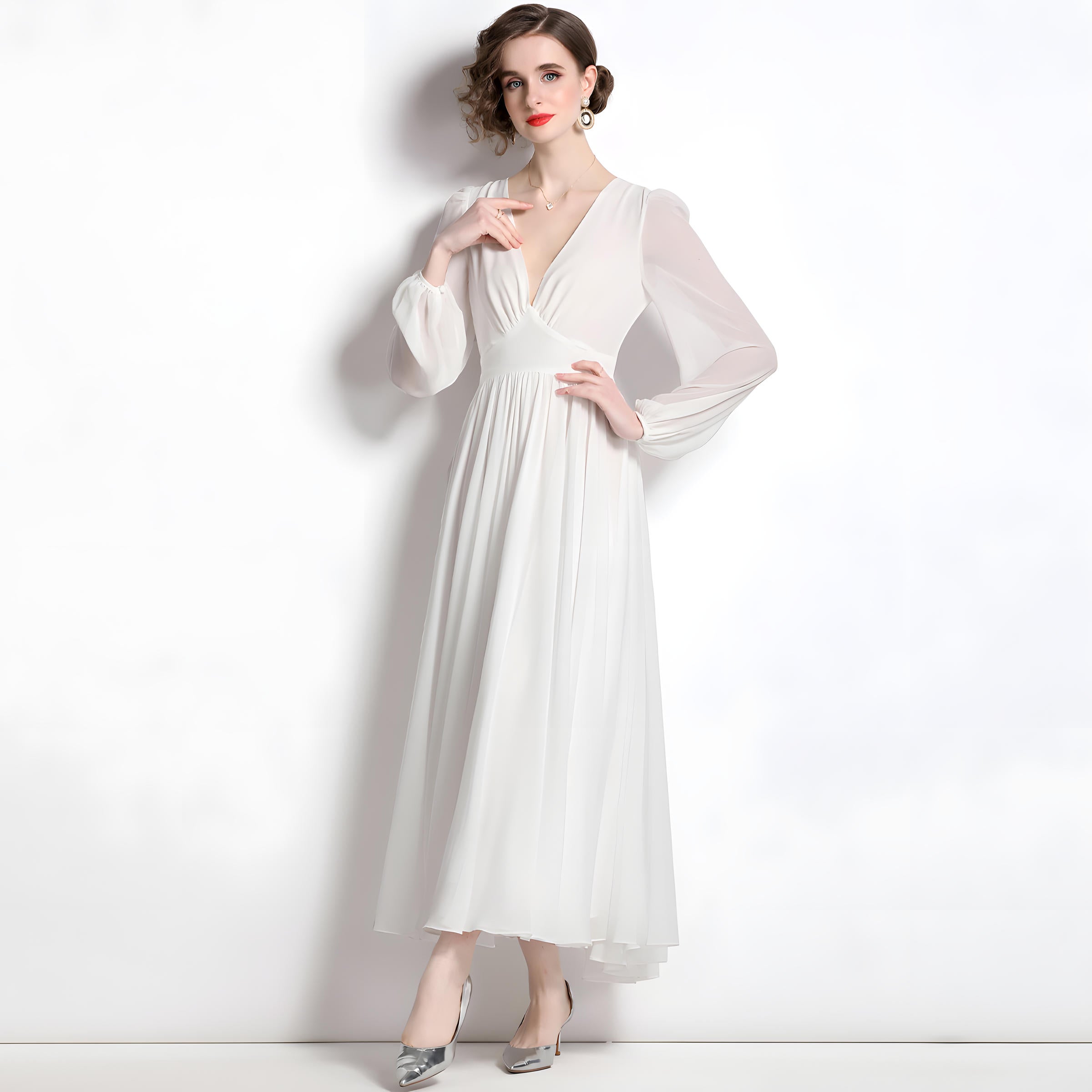 Bishop Sleeve V-Neck Chiffon White Dress with Waist Yoke	- 707772753143_BAS (EOSS)