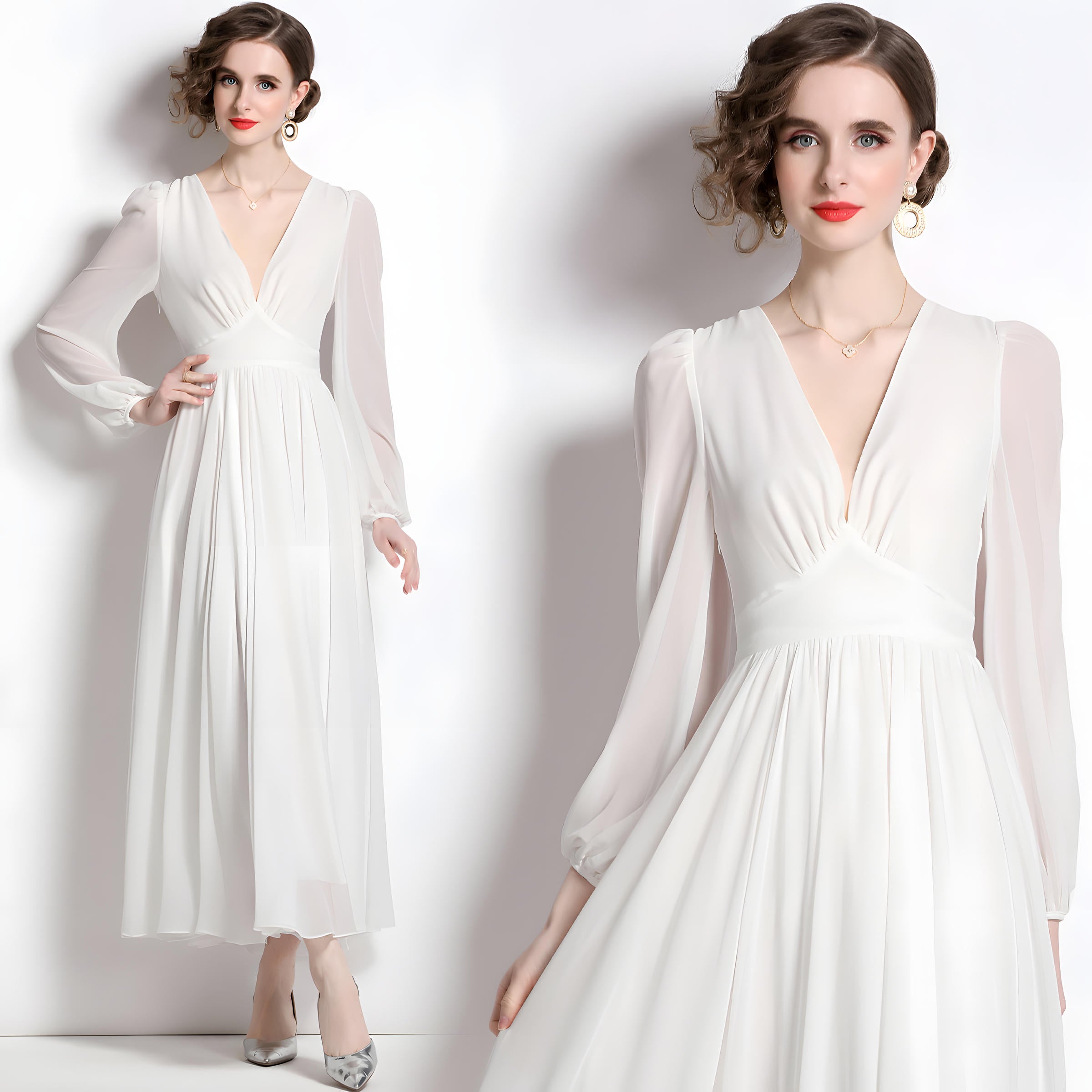Bishop Sleeve V-Neck Chiffon White Dress with Waist Yoke	- 707772753143_BAS (EOSS)