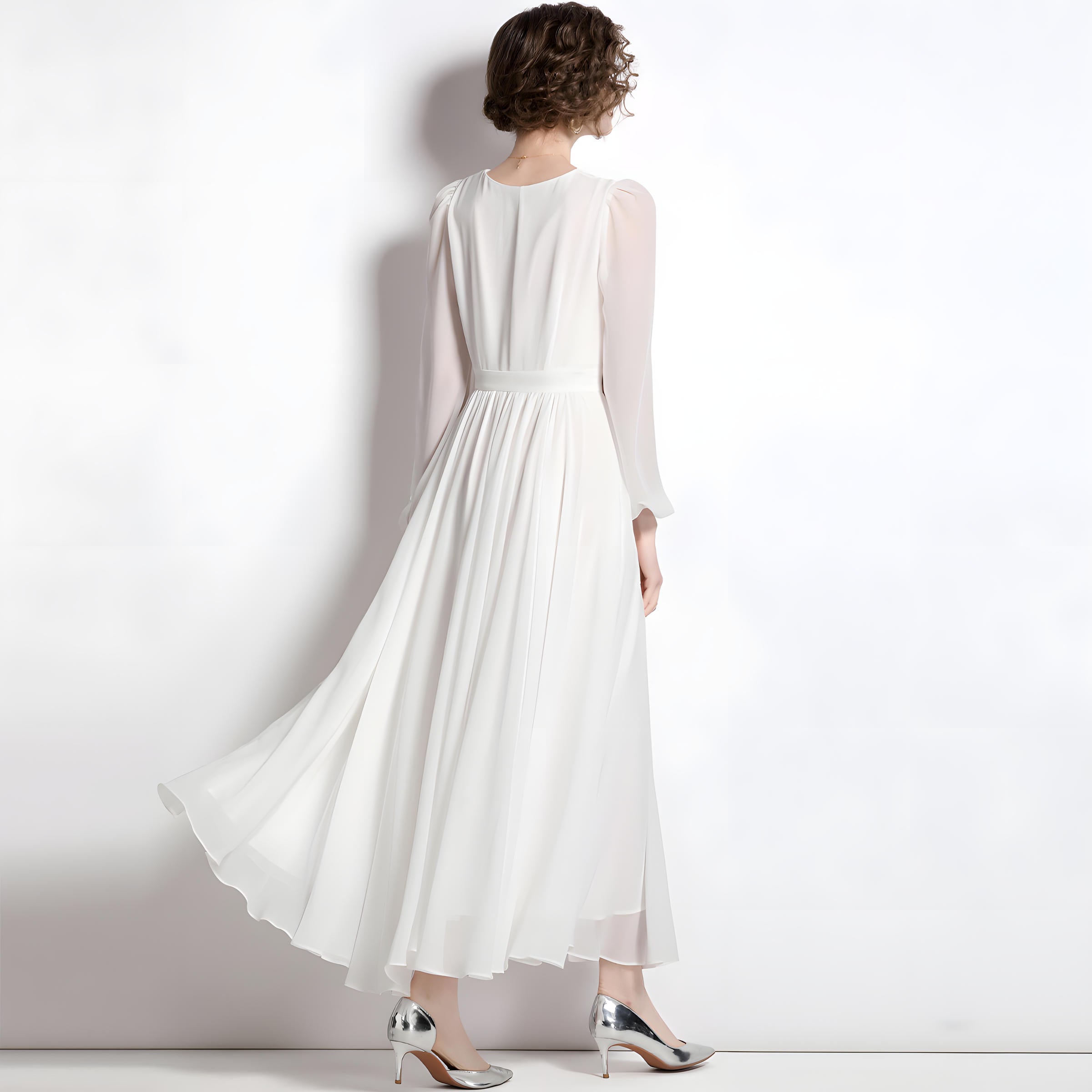 Bishop Sleeve V-Neck Chiffon White Dress with Waist Yoke	- 707772753143_BAS (EOSS)