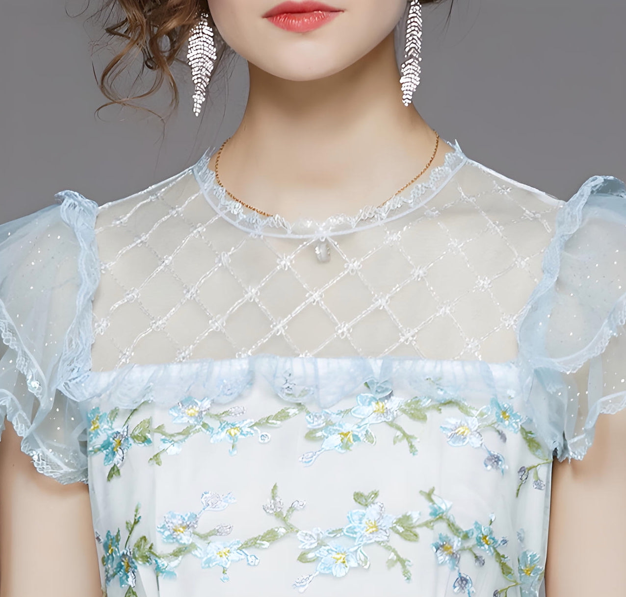 Embroidered Mesh and Lace Soft Blue Dress With Layered Sleeves - 708043012412_BAS